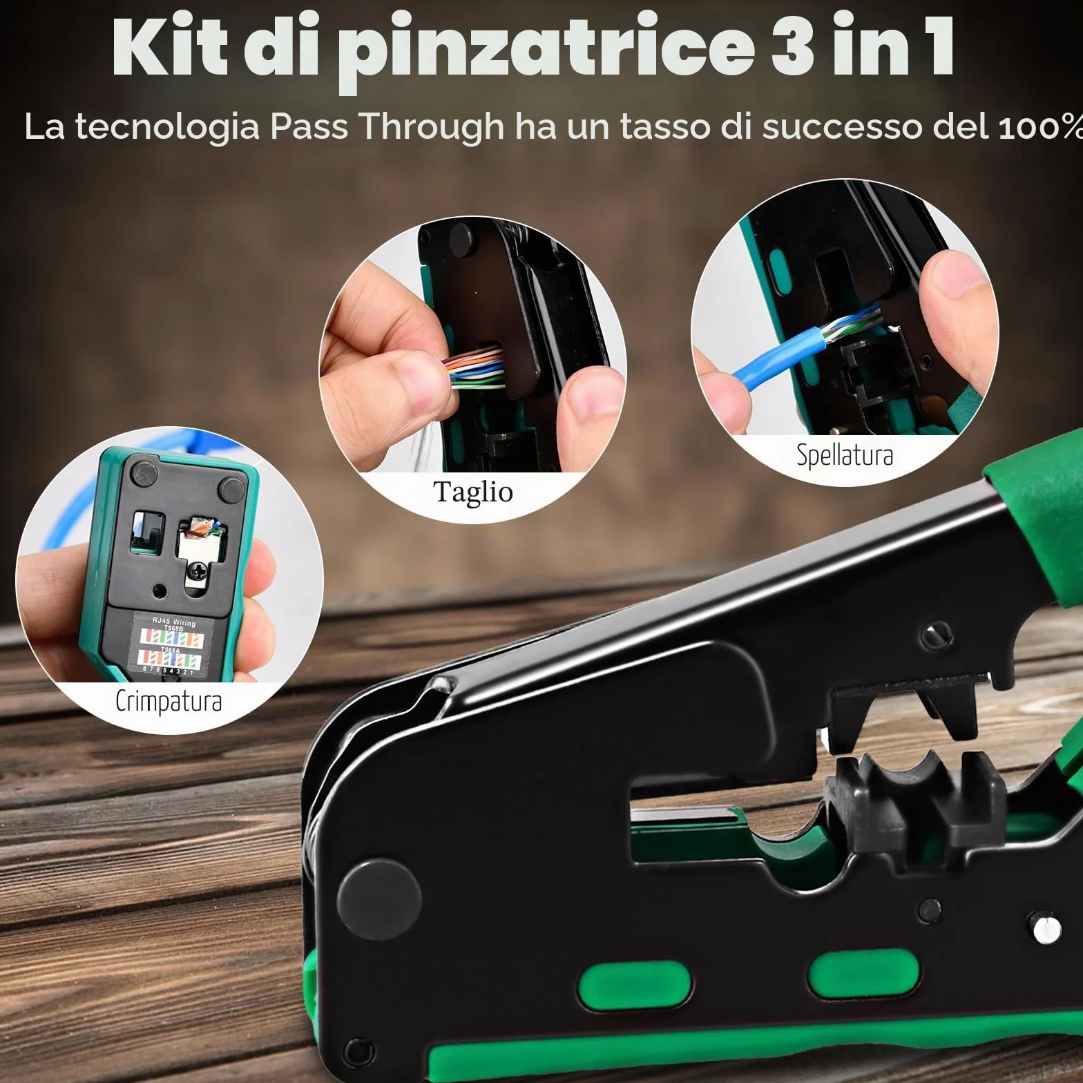 Kit di strumenti di rete RJ45 con 4x Cat7/6a, 30x CAT.5/5e/6, 10x 6P6C RJ11/RJ12, prese RJ45/RJ11/RJ12, strumento di riparazione e tester di rete