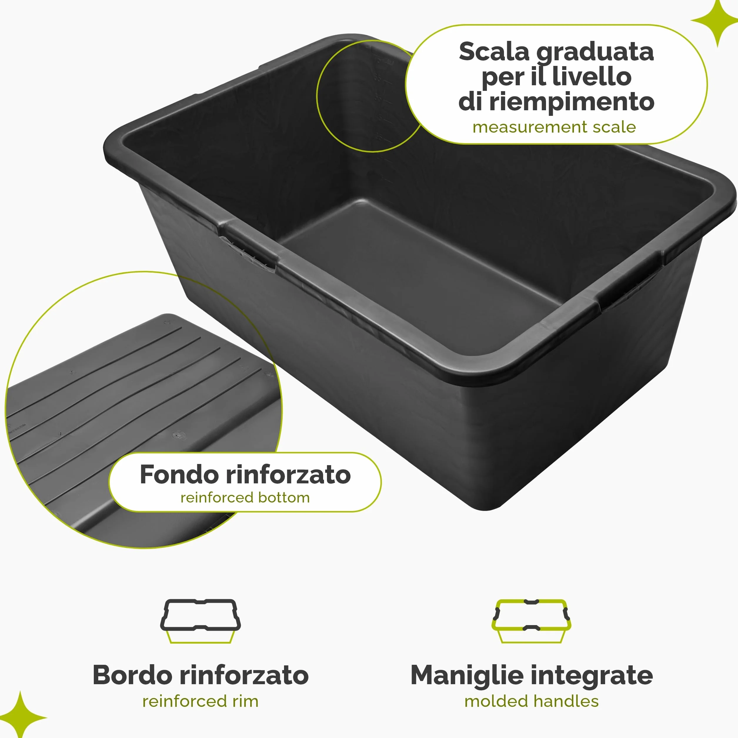 Garronda Vasca per Malta 80 L Rettangolare – mastello robusto in plastica riciclata, contenitore e vasca da muratore per cemento, giardino o officina GD-0169