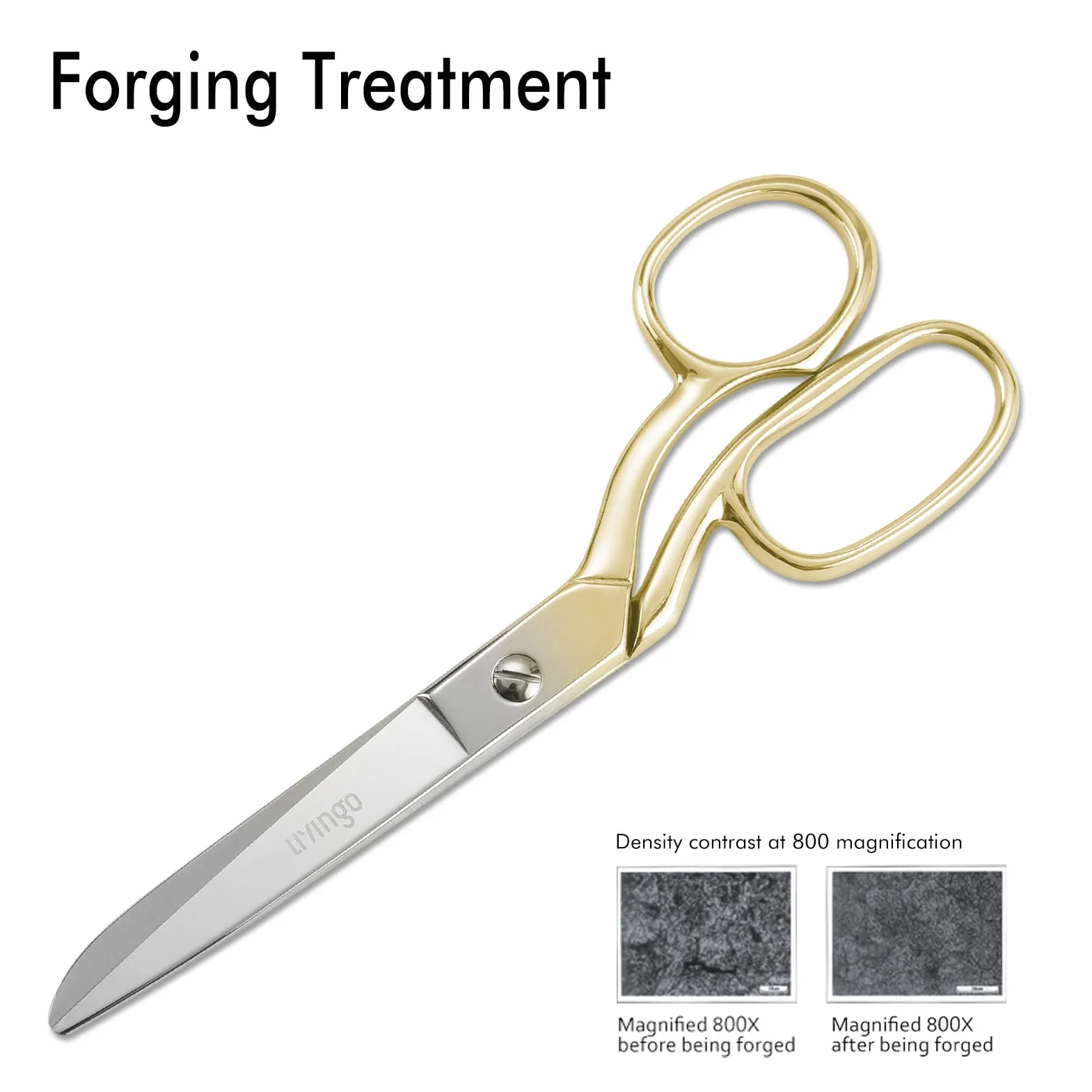 LIVINGO Forbici professionali per tessuti: Forbici multifunzionali in acciaio inossidabile pesante, lama curva per pelle, tessuto e cucito, 20 cm, oro - Per uso domestico