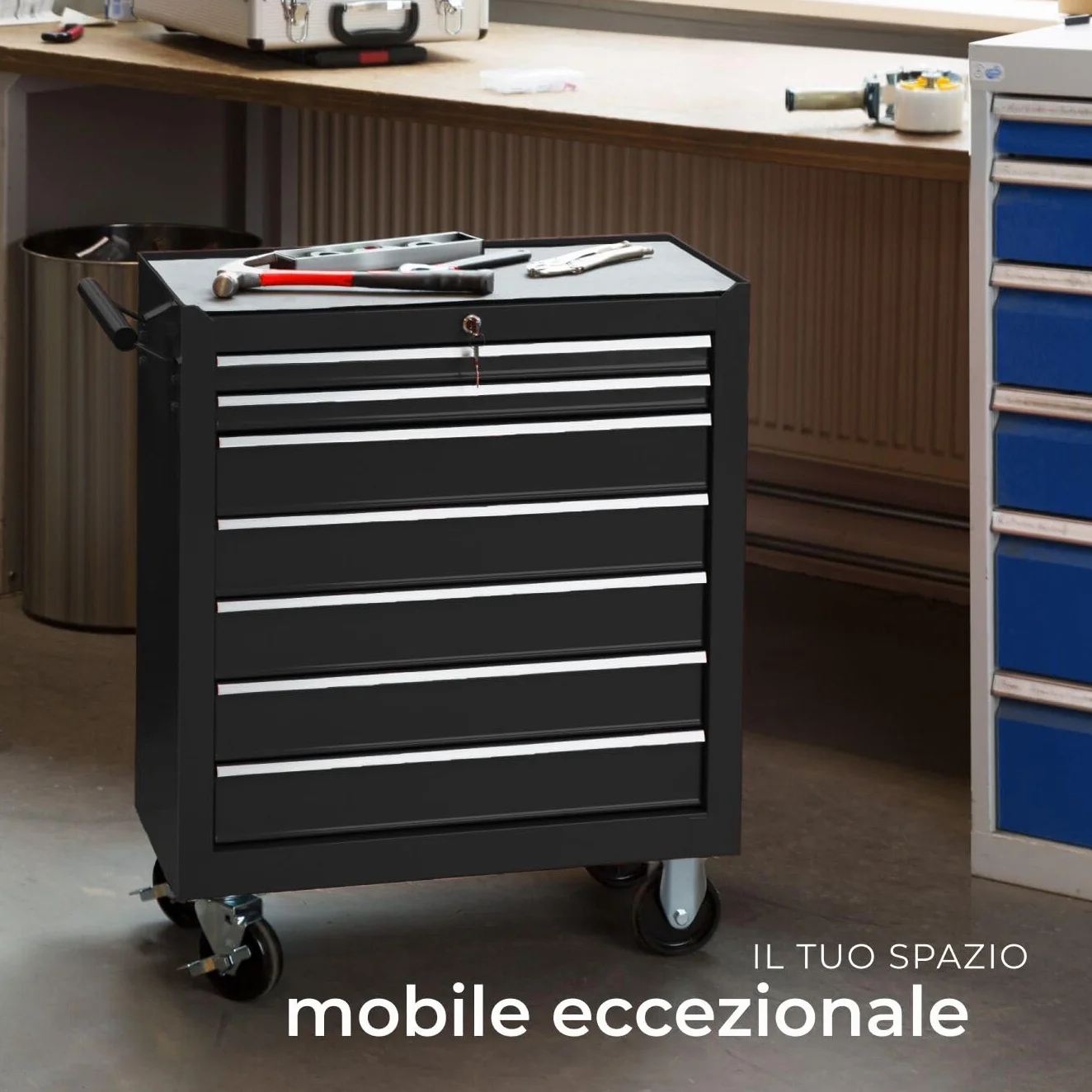 Tectake Carrello Portautensili 7 Cassetti con Ruote Nero