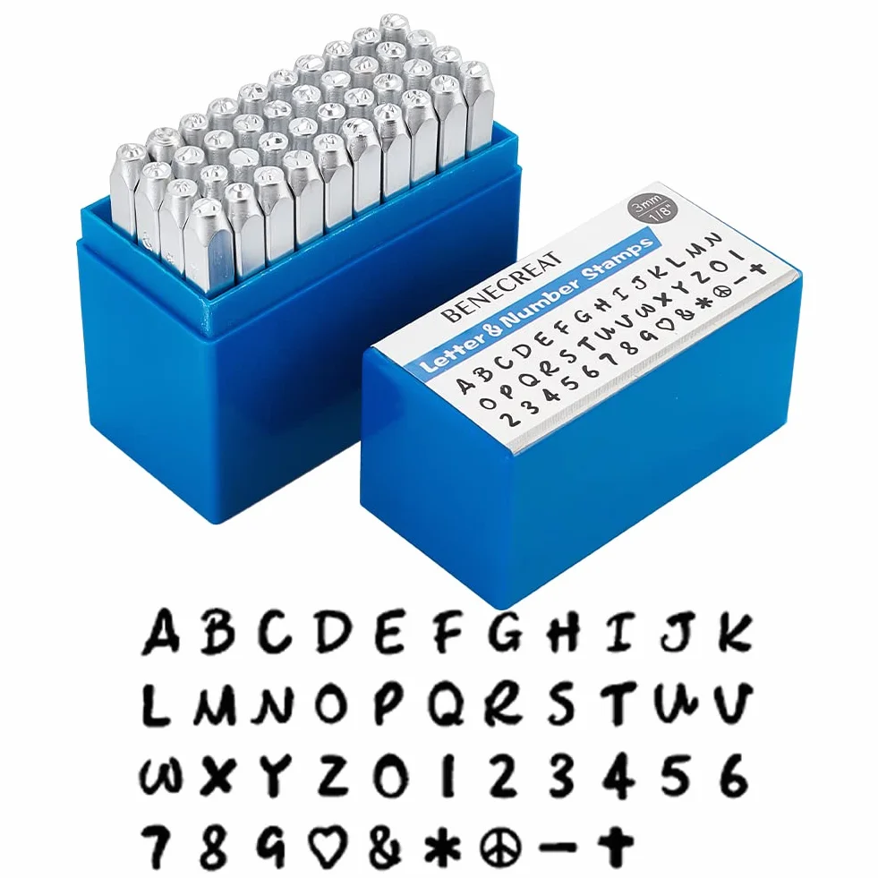 BENECREAT 42PCS 3 mm Timbro in Metallo con Lettere e Numeri, Effetto Opaco Punzoni per Metallo, Acciaio al Carbonio, A-Z e 0-9, Timbri in maiuscolo Punzone per Segni in Pelle Metallizzata