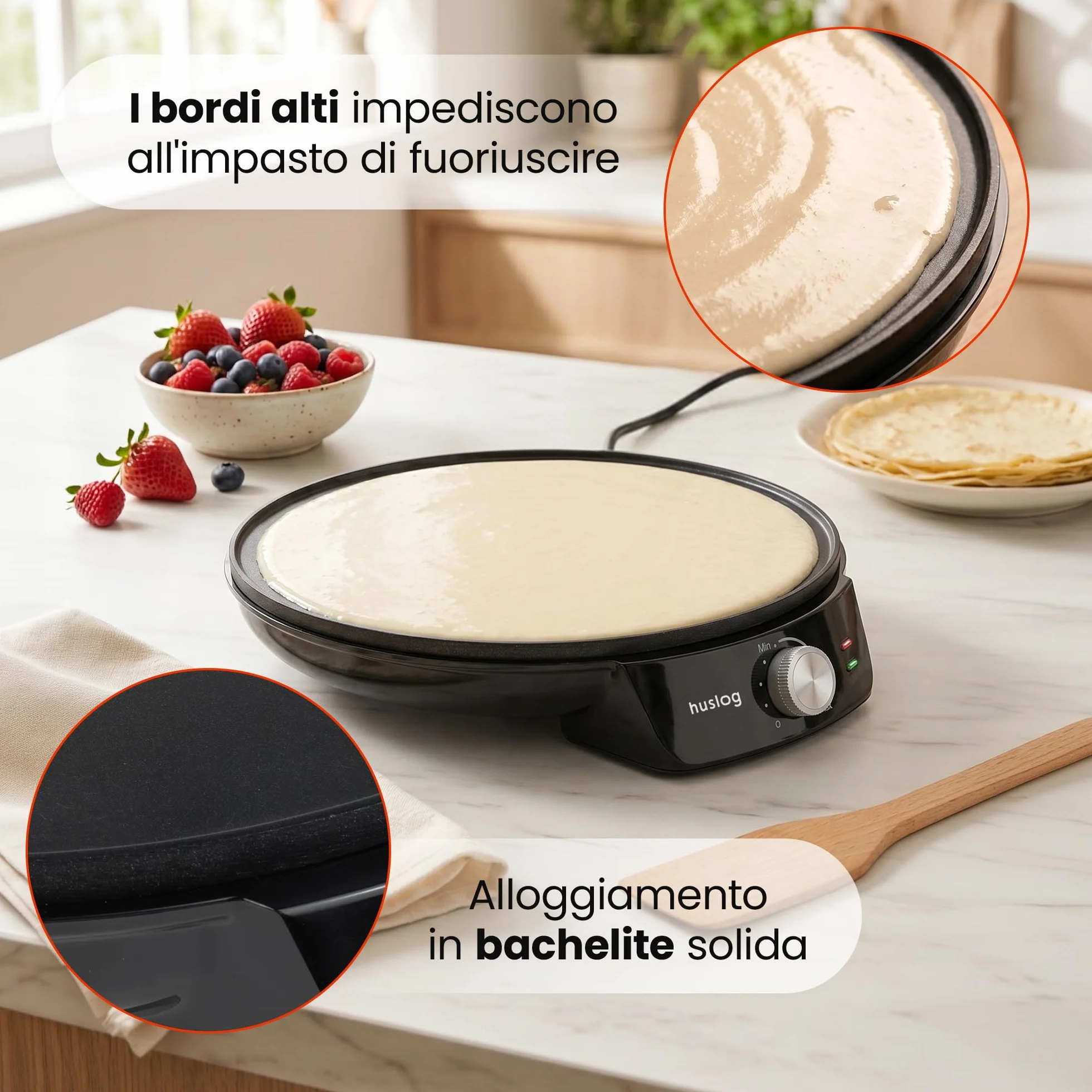Crepiera Elettrica 1200W Ø29 cm Piastra Antiaderente Bordo Rialzato Temperatura Regolabile Nero