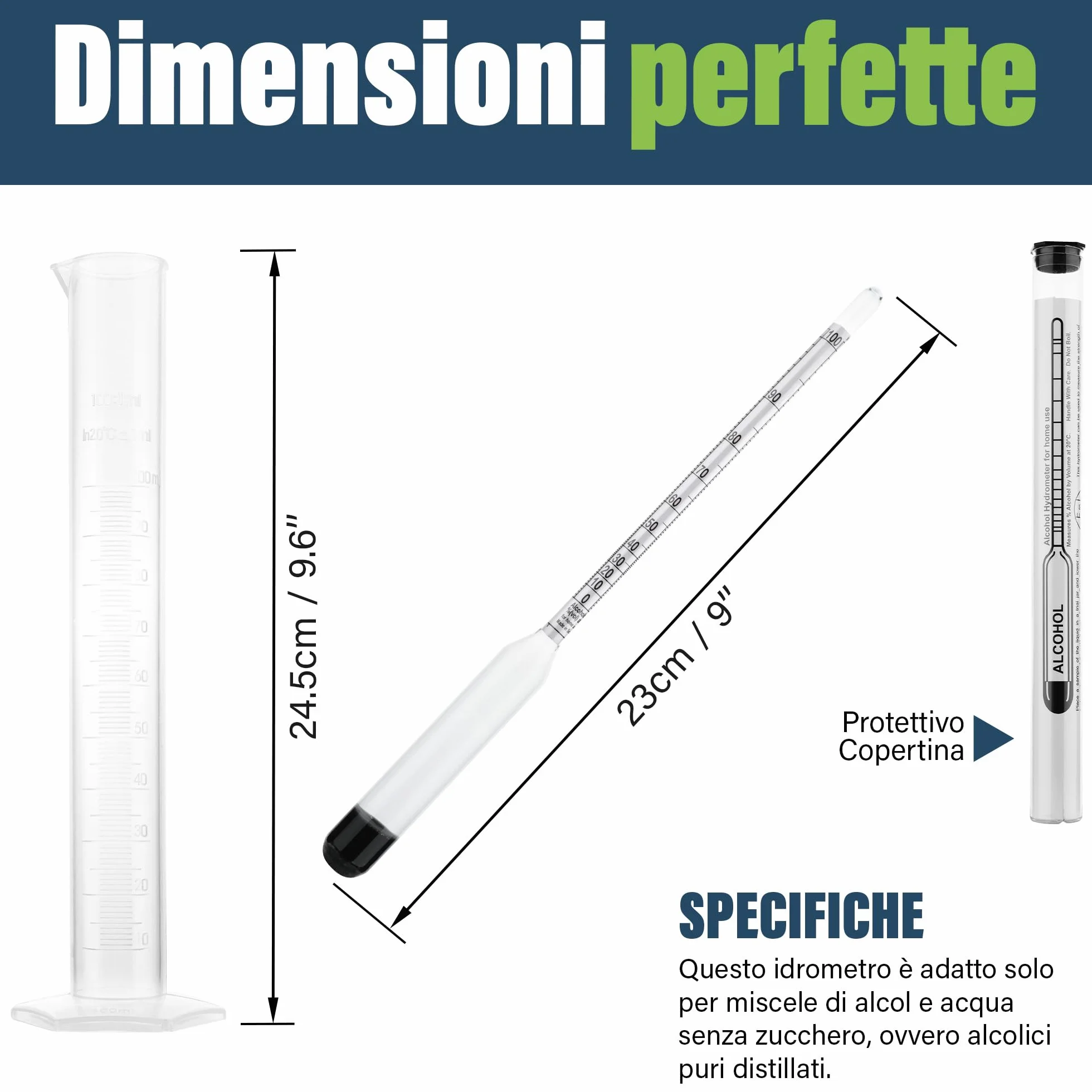 Alcolimetro 0-100% per distillati con idrometro 23 cm e provetta 100 ml
