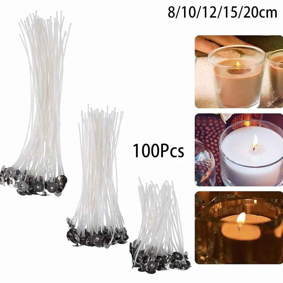 100 stoppini per candele in cotone naturale, commestibili per uso alimentare, con linguette di supporto in metallo, per realizzare candele a colonna e fai da te (10 cm)