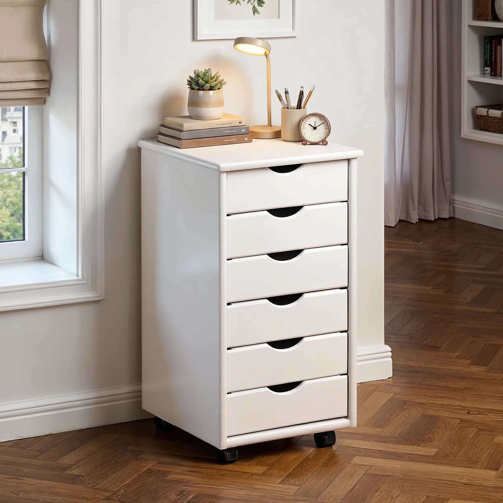 Inter Link - Piedistallo mobile - Piedistallo mobile con 6 cassetti - Piedistallo per ufficio - Mobile - Carrello mobile - Cassettiera - Legno di pino massiccio - Laccato bianco - 35 x 40 x 65 cm - Simon