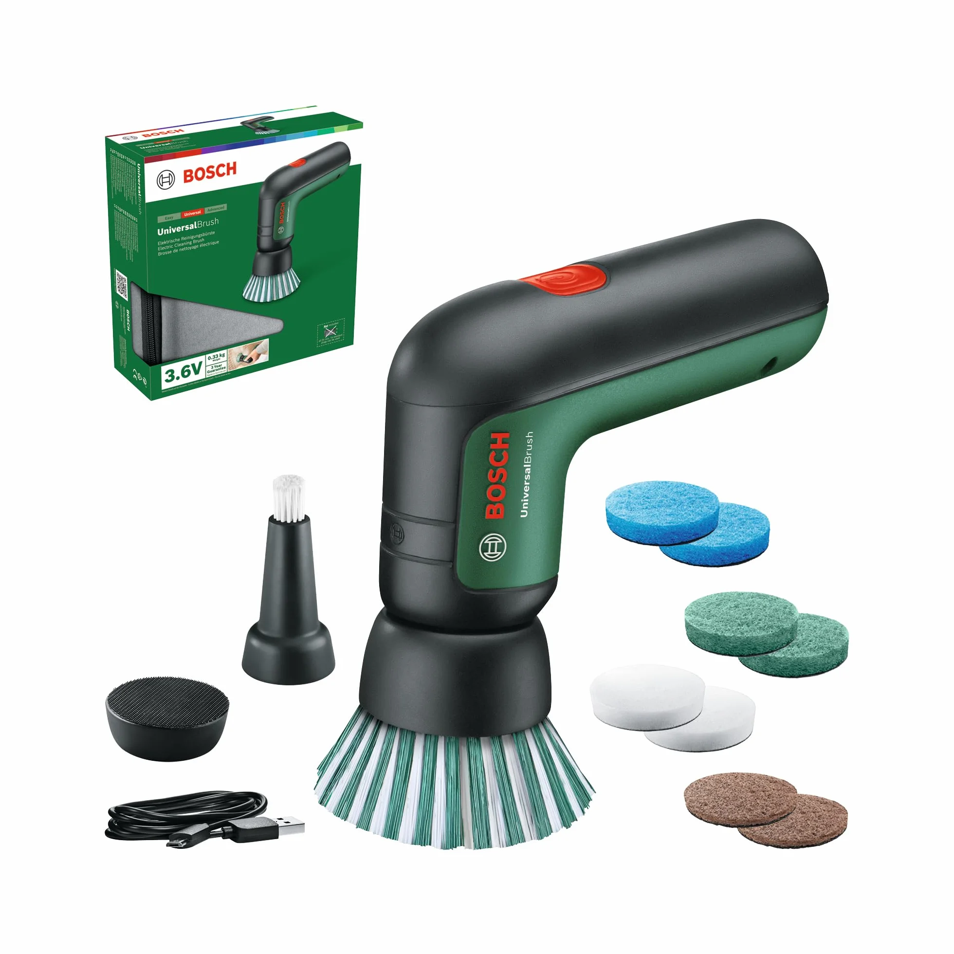 Bosch Spazzola elettrica di pulizia UniversalBrush (batteria da 3,6 V integrata, 1 cavo micro USB e 4 accessori per la pulizia inclusi, in confezione di cartone)