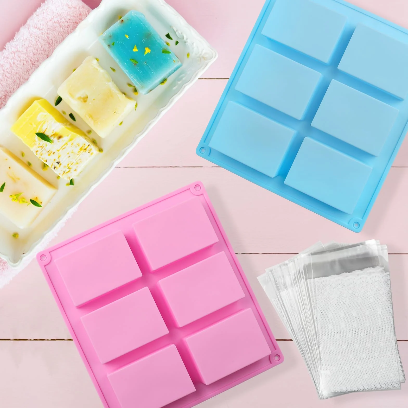 3 Pezzi Stampo per Sapone in Silicone, 6 Cavità Stampi per Saponette Fai Da Te, Stampo in Silicone Fai Da Te per Biscotti, Cioccolato, Contiene 50 Sacchetti di Imballaggio