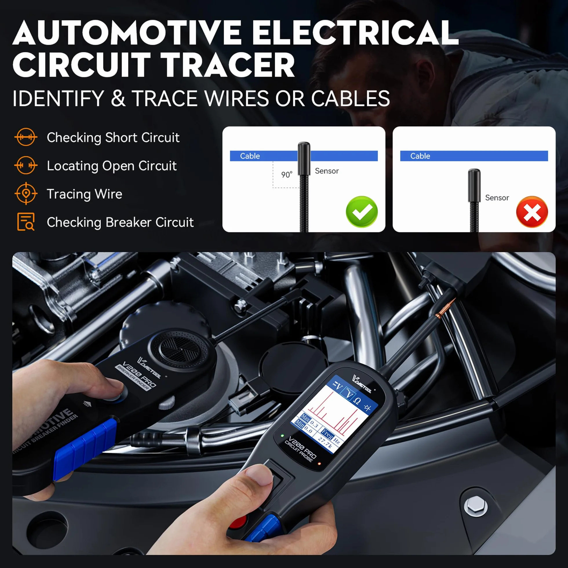 VDIAGTOOL V200 Pro Tester Sonda Circuiti Elettrici Auto, Rilevatore di Cavi Circuito Aperto Corto Circuito AC DC 12V 24V, Cerca Filo Interrotti Auto Elettrici, Relè Fusibili Trailer Componenti Tester