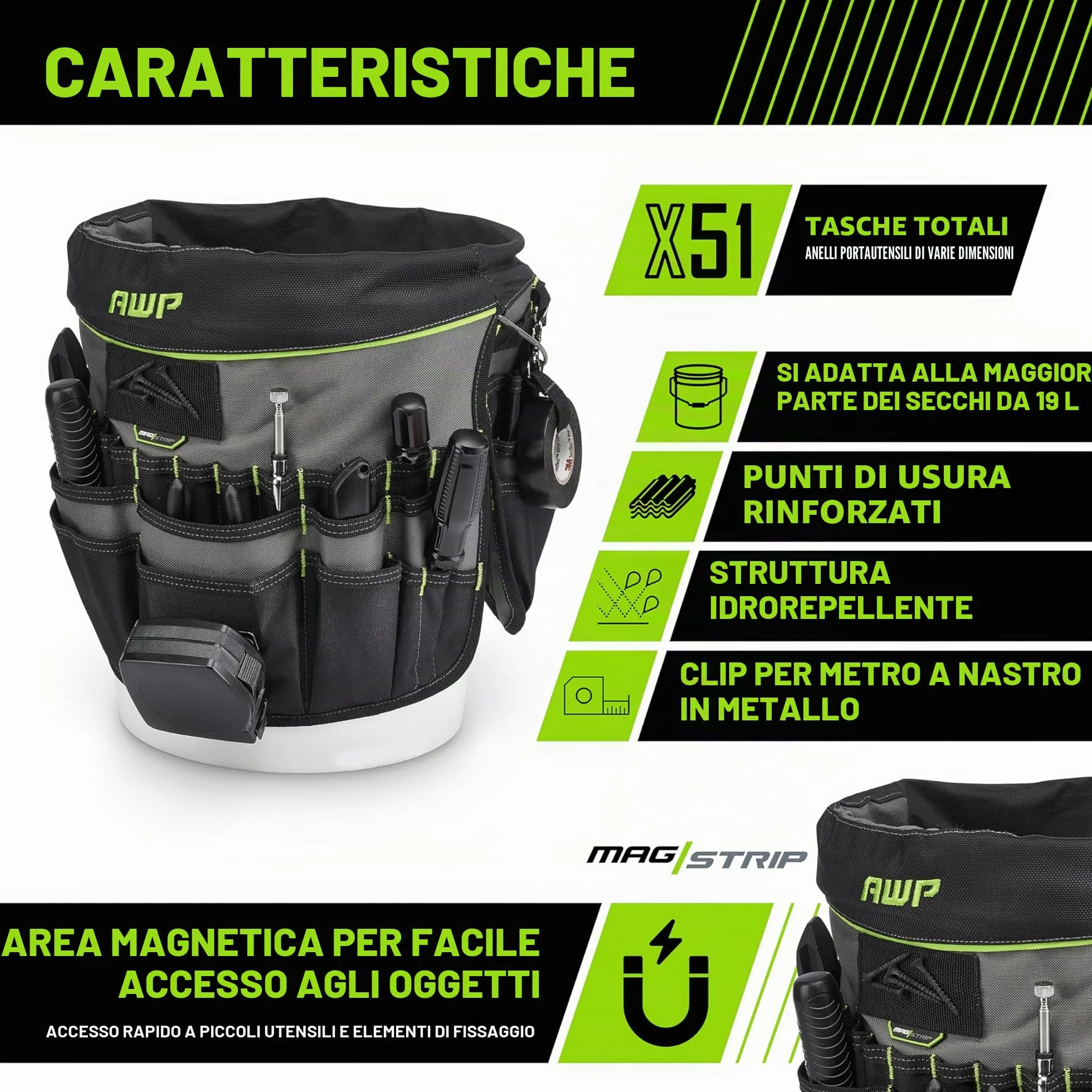 AWP 51-Pocket Bucket Tool Organizer, Water-Resistant, Fits 5-Gallon Buckets