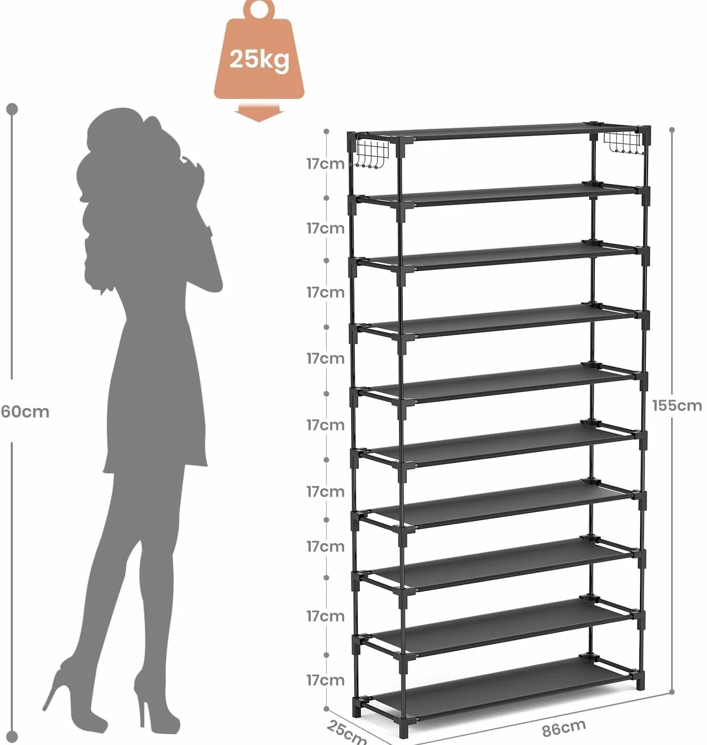Vicye Scarpiera a 10 Ripiani, Scaffale Portascarpe in Metallo per 50 Paia di Scarpe, Scarpiera Armadio Verticale Nera, Organizzatore per Scarpe Alta per Ingresso, Soggiorno e Corridoio