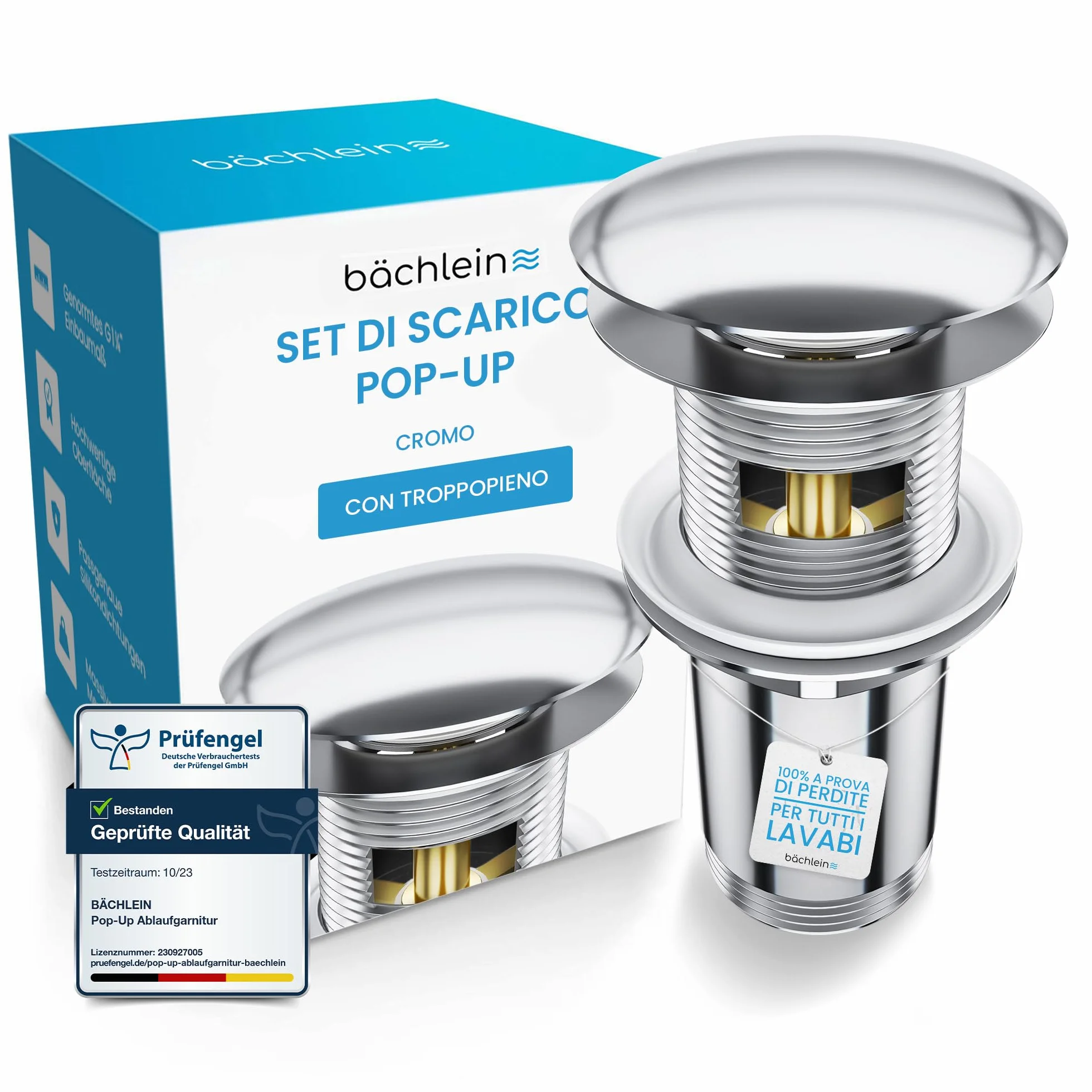 Bächlein Kit di piletta Universale con troppopieno per lavabi e lavandini - valvola a Soffietto cromata - incl.3 guarnizioni per Tutti i Tipi di lavabi, Tappo a Scatto - Scarico