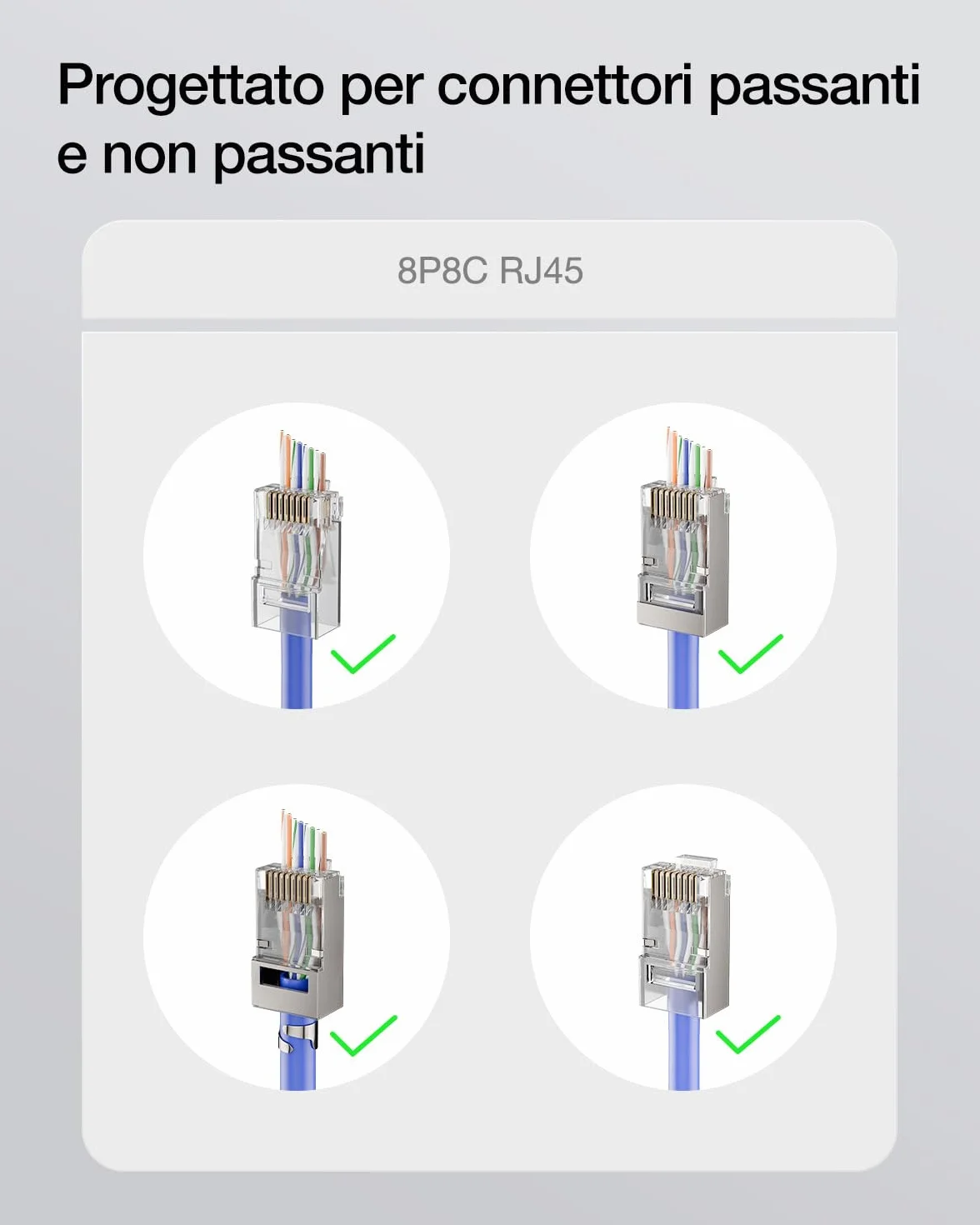 VCE Pinza Crimpatrice RJ45 Passante, Multifunzione 3-in-1 (Taglio, Spelatura, Crimpatura), Compatta, per Connettori Ethernet 8P, Blu