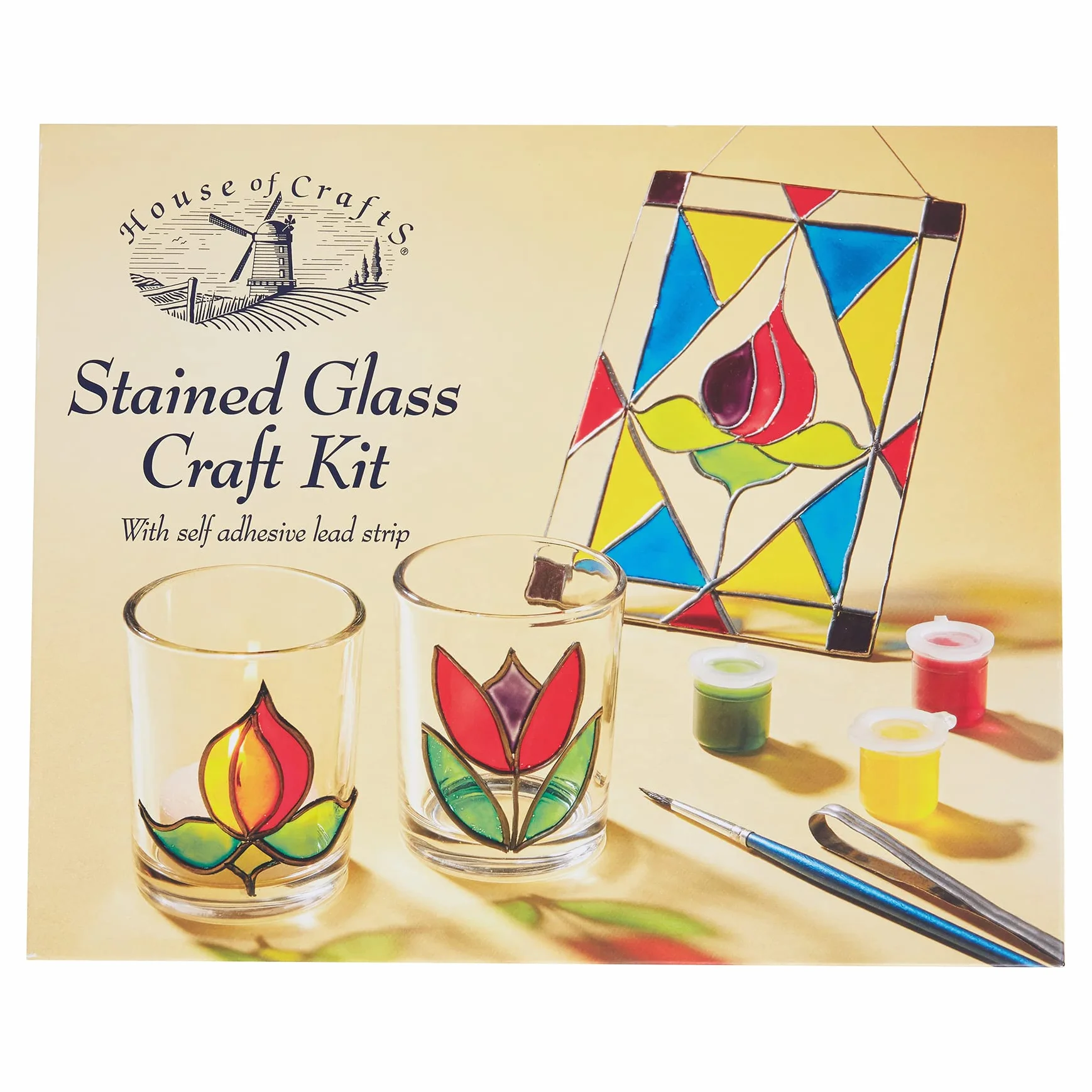 House Of Crafts - Crea il tuo kit per bricolage in vetro colorato, set per hobby per principianti, idea regalo unica con vetro votivo, acchiappasole, striscia di piombo autoadesiva, pennello, tappo a ventosa, arte della finestra, supporto Tealight,