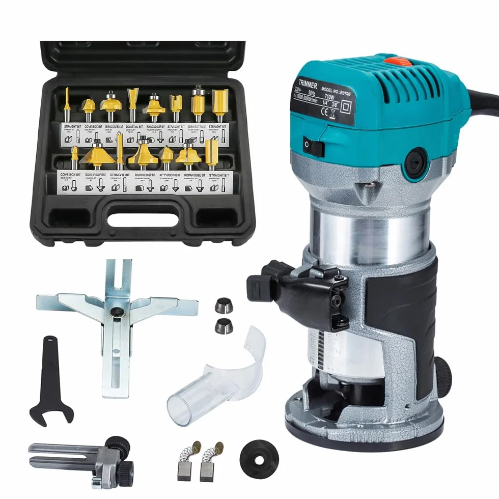 fresa a mano per legno, multifunzione 710 W + 15 pezzi, fresa in metallo duro da 6,35 mm