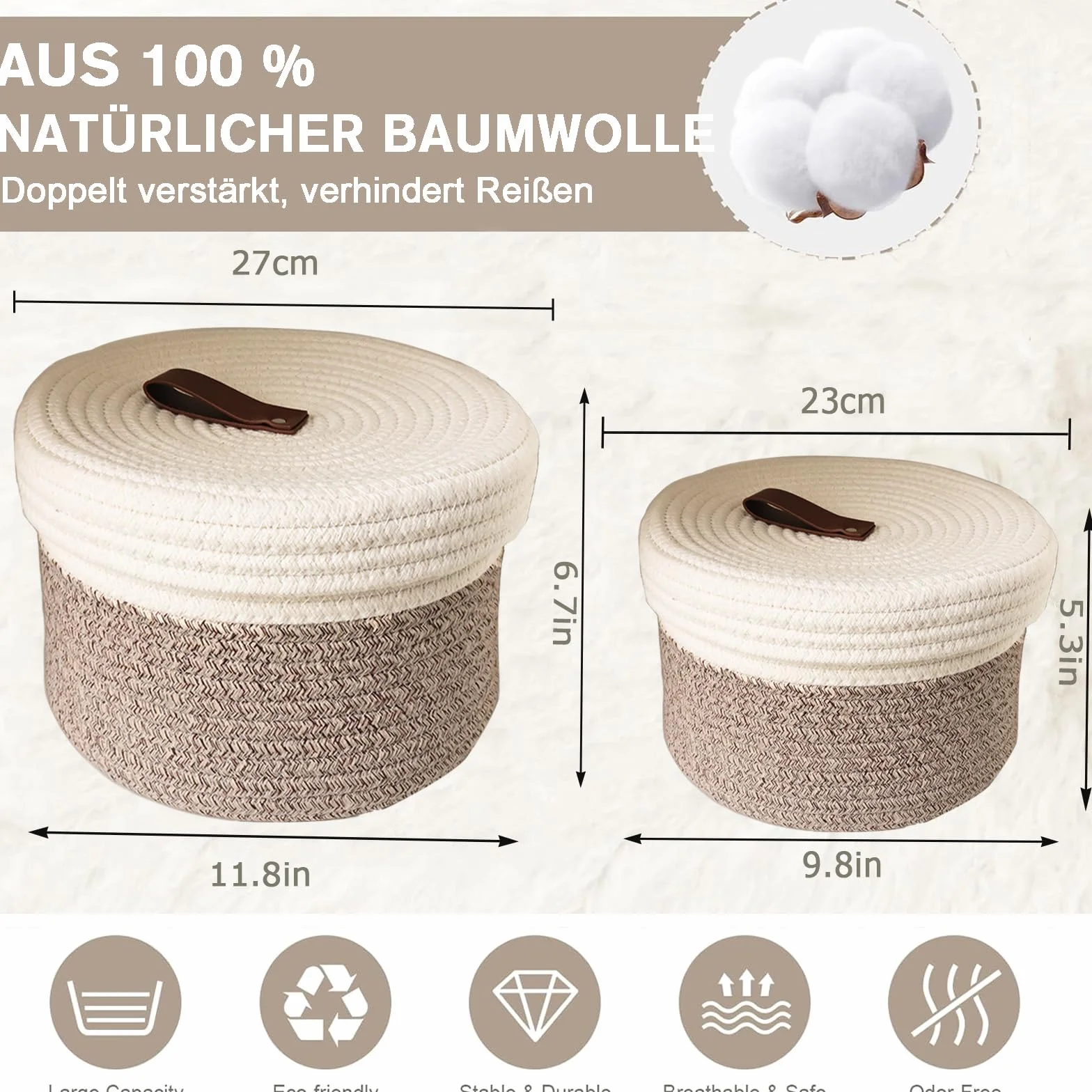 2 Pezzi Cestini Portaoggetti con Coperchi - Cestino in Corda di Cotone con Coperchio - Filo di cotone naturale, fibbia in pelle, Cestino Decorativo con Coperchio - Cestino Portaoggetti