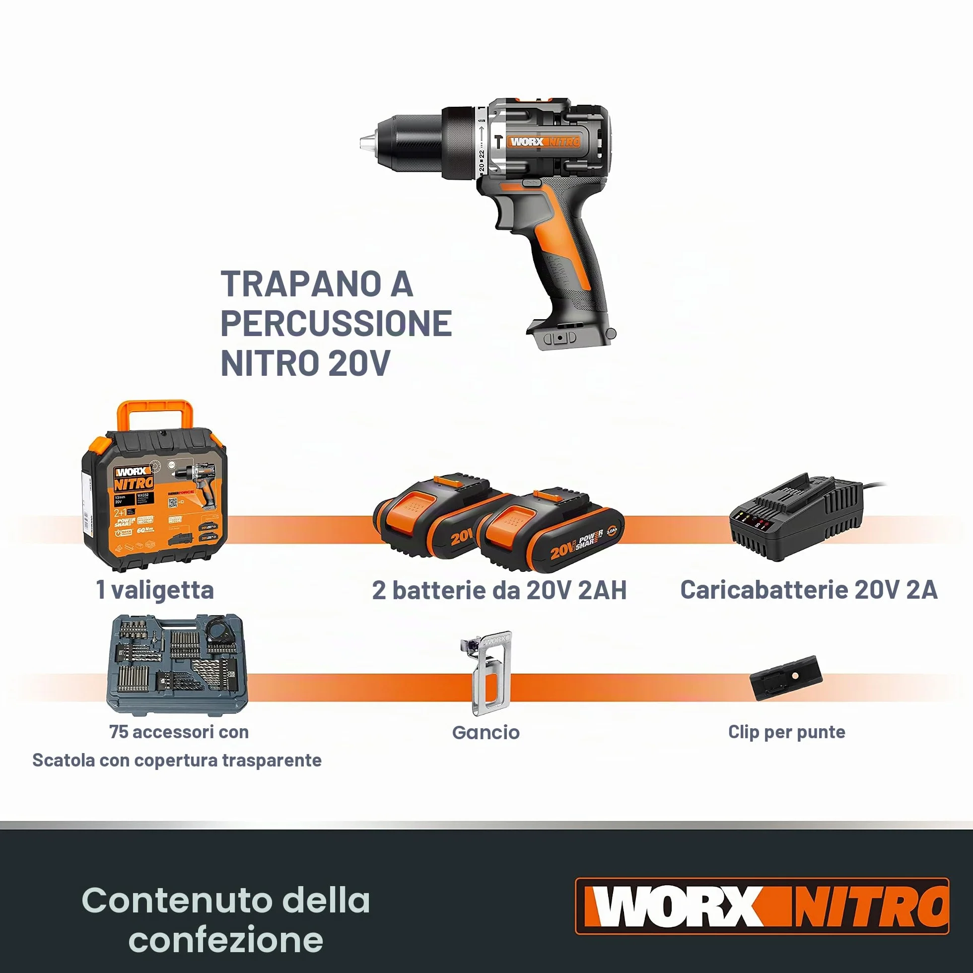 Trapano a Percussione senza Fili WORX NITRO 18 V (20 V MAX) WX352.4, PowerShare, Motore Brushless, 60 Nm, Controllo della Velocità Variabile, Luce LED, Set di Accessori da 75 pezzi, 2 Batterie 2,0 Ah