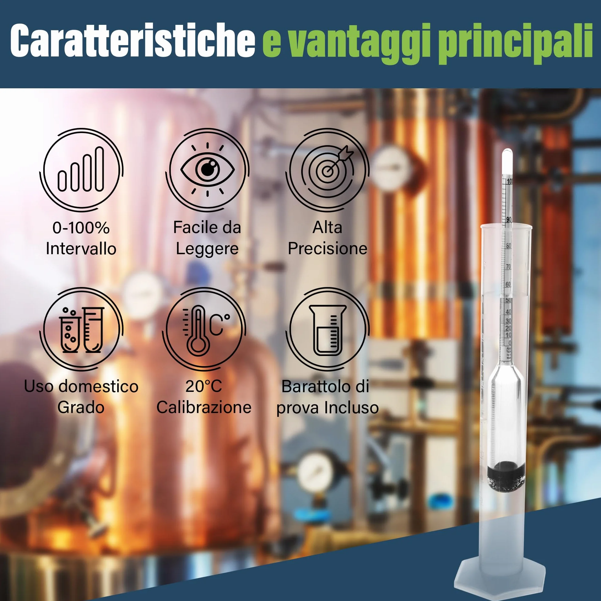 Alcolimetro 0-100% per distillati con idrometro 23 cm e provetta 100 ml