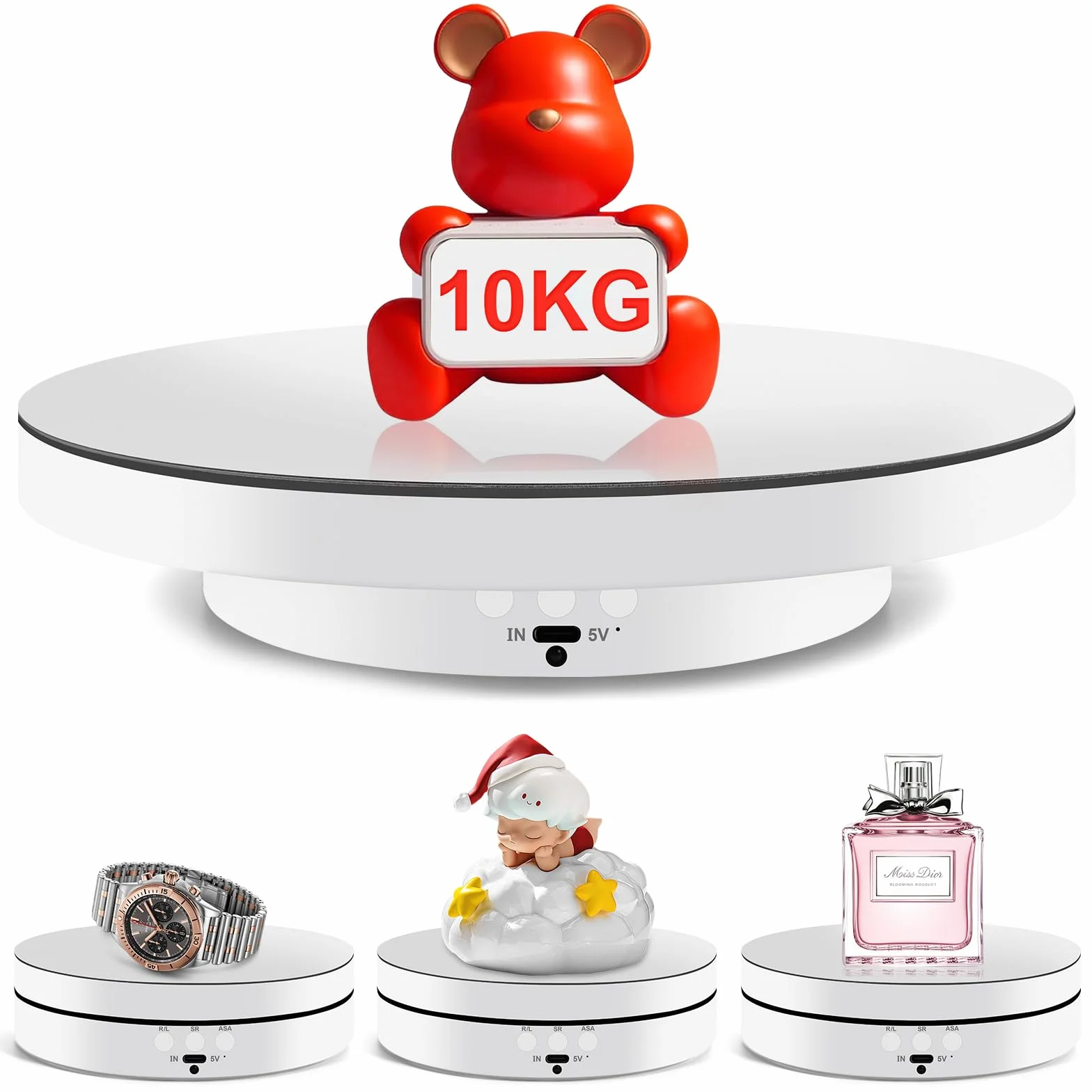 Piattaforma Girevole Elettrica 360°,Piattaforma Rotante Automatica USB per Gioielli,Orologi,Prodotti Digitali,Velocità Regolabile Espositore Girevole Elettrico con 2 Pannelli di Sfondo (Bianco)