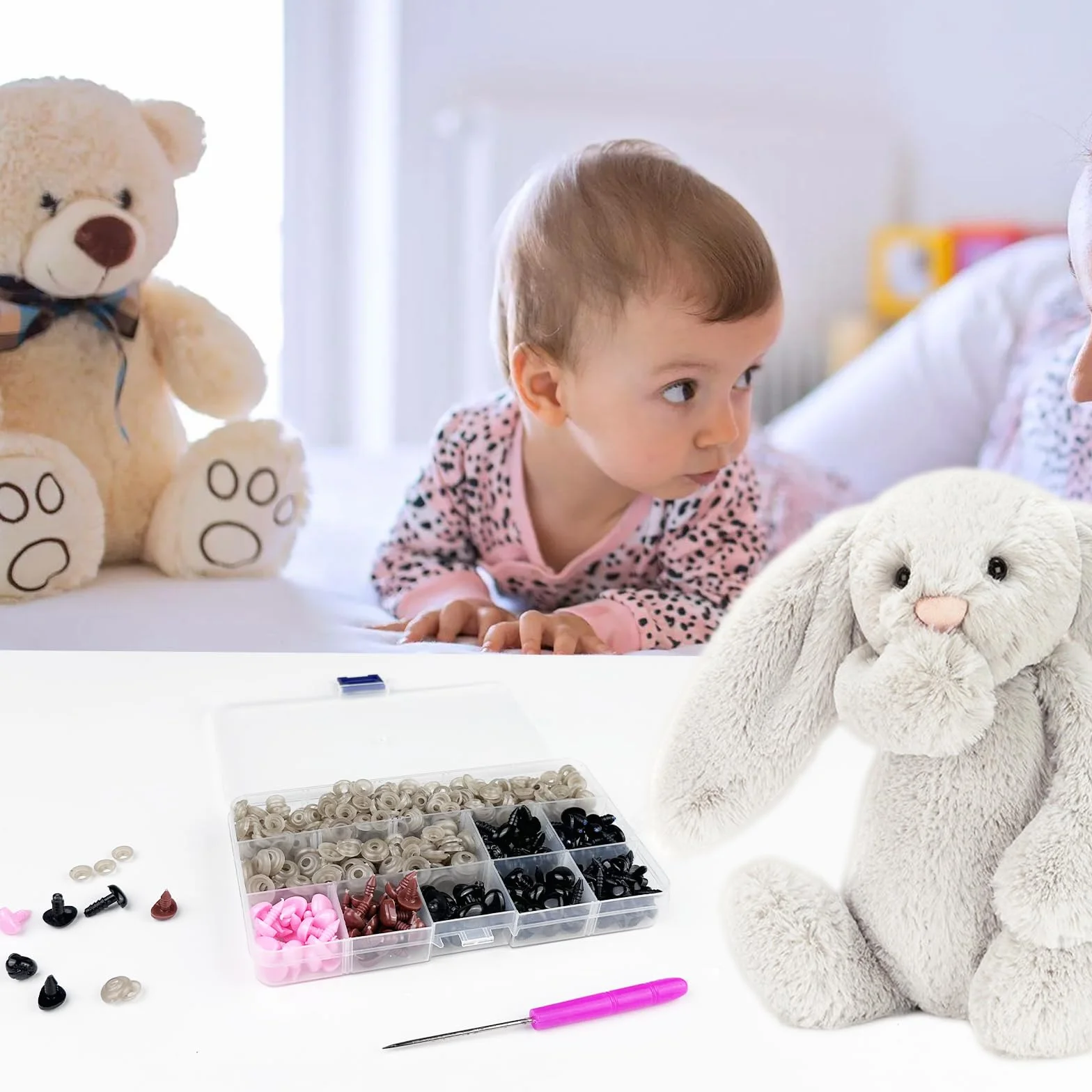 Chiluxendo Occhi di Sicurezza per Animali all'Uncinetto, Occhietti e Naso de Colorati in Plastica con Rondelle, Adatti per Fai da Te Amigurumi, Peluche, Orsacchiotti, Diverse Dimensioni (Ø 5~14 mm)