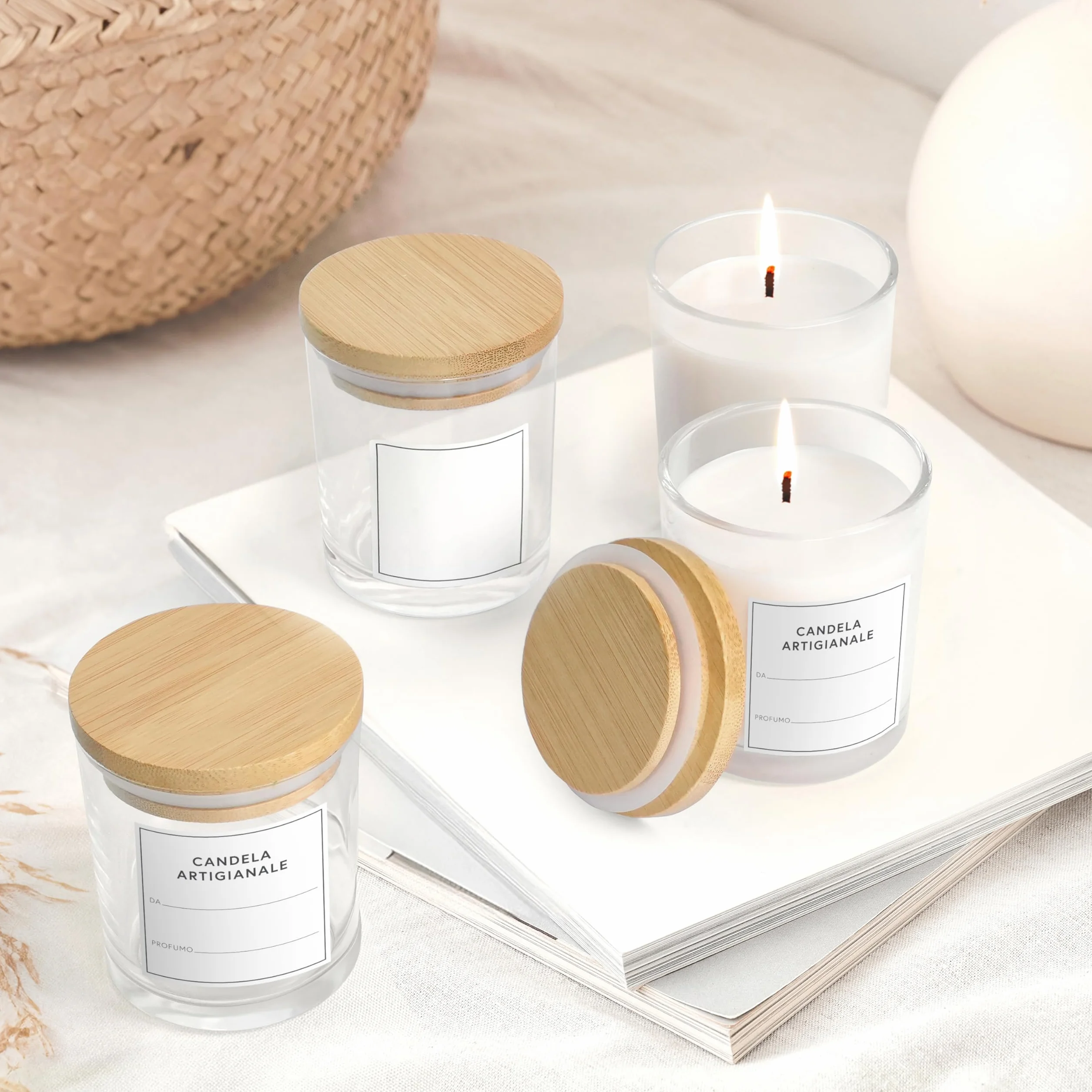 Winter Shore Portacandele Vetro da 170 ml con Coperchi [15 Pezzi] - Porta Candele Vuoti Trasparenti - Barattoli per Candele Fai da Te - Include 15 Etichette Adesive, 15 Etichette Vuote, 1 Penna Nera
