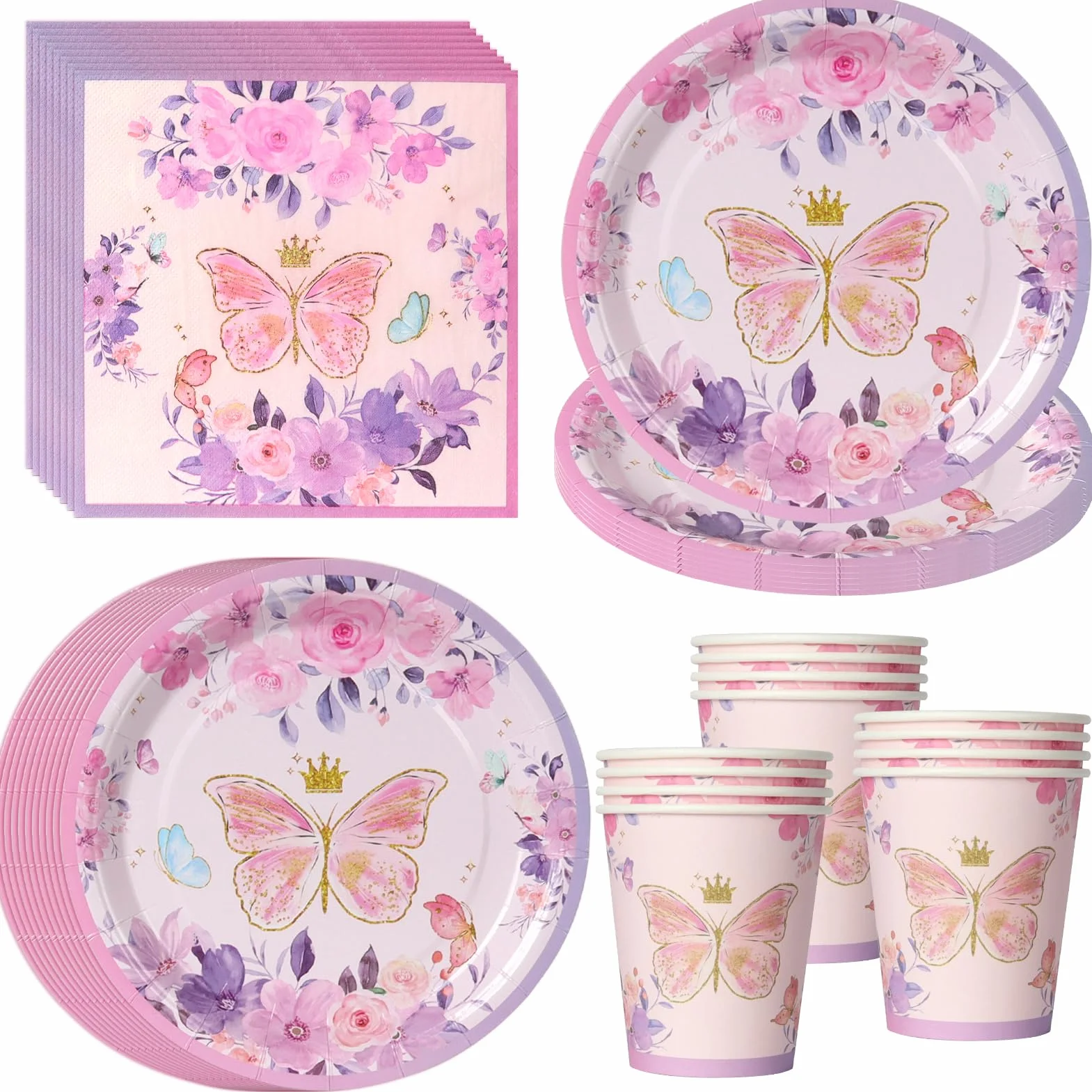 Set 52 pezzi tema farfalle lavanda piatti bicchieri tovaglioli decorazione compleanno motivi floreali 16 ospiti