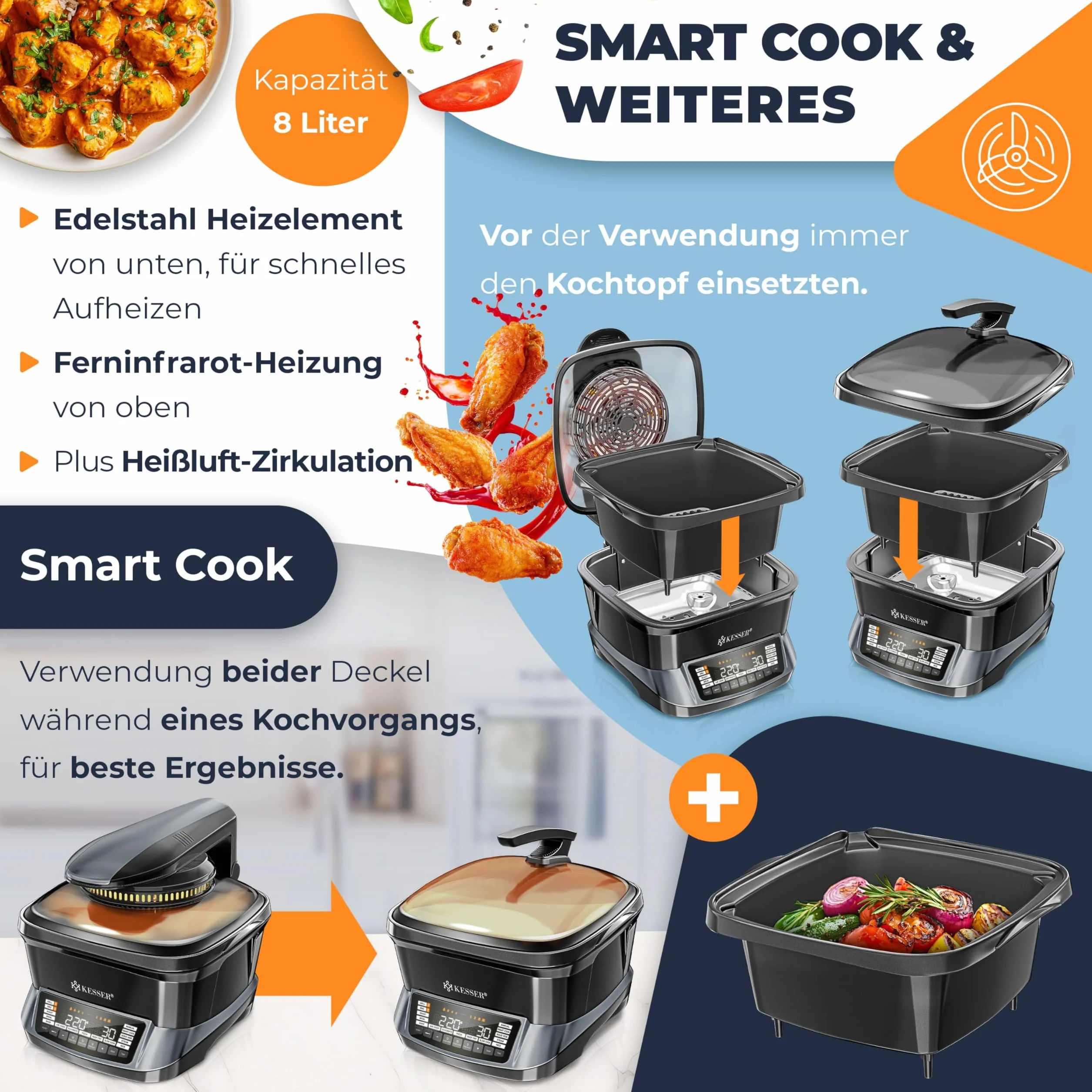 KESSER® Fornello multicooker con friggitrice ad aria calda, 8 l e 16 programmi, utensile da cucina – grigliare, cuocere, stufare, cuocere a vapore, funzione preriscaldamento e mantenimento del calore