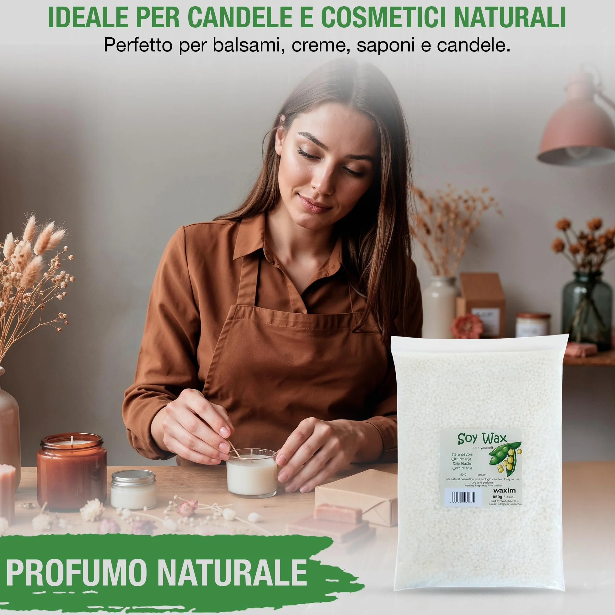 WAXIM Cera di Soia per Candele in Perle | Soy Wax Naturale per Fare Candele Fai da Te 850 g | Base Vegetale per Contenitori | Cera per Candele Fai da Te, Fusione Uniforme e Combustione Pulita