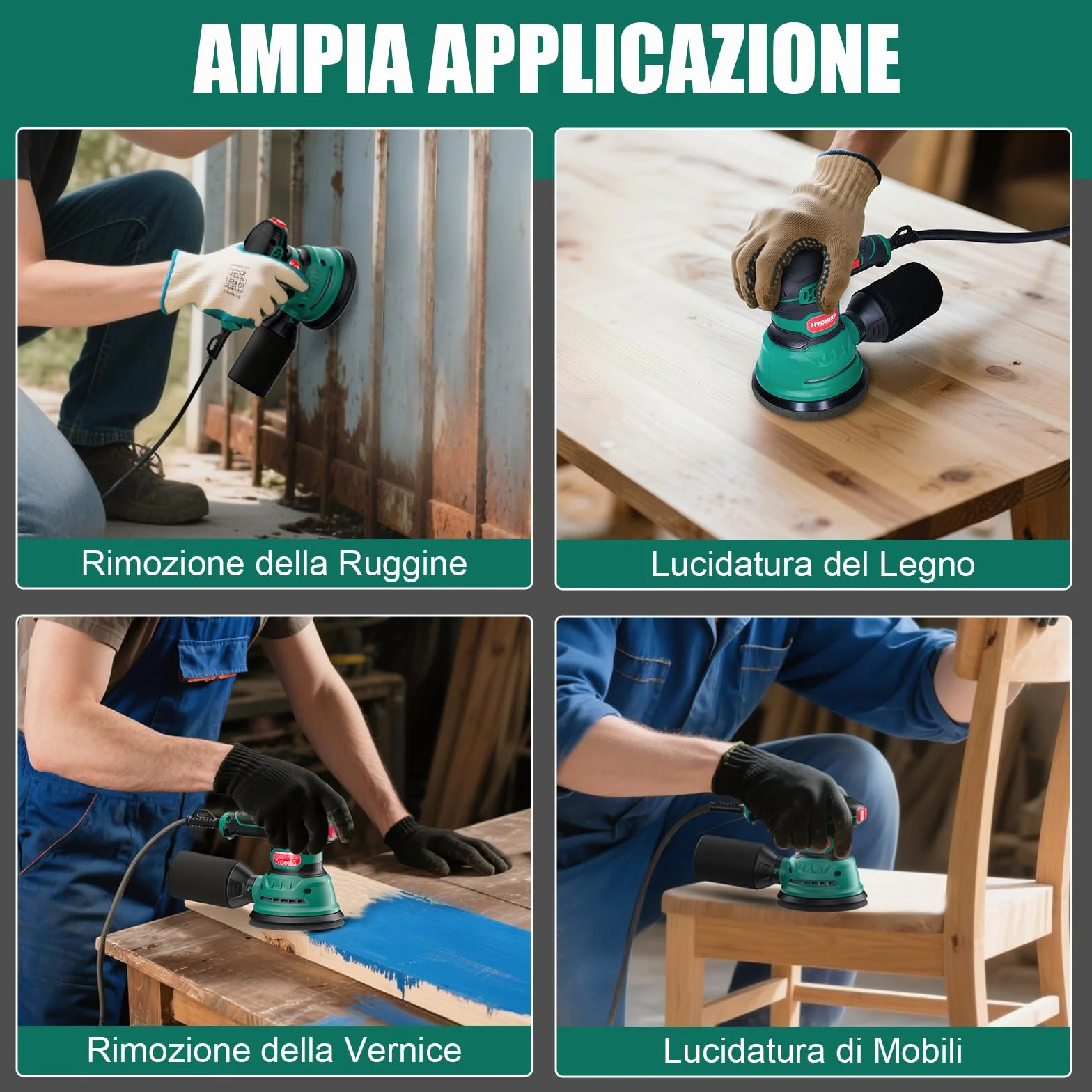 HYCHIKA Levigatrice Orbitale 300W 12000OPM 6 Velocità 16 Pezzi Dischi Abrasivi 125 Frenata Rapida
