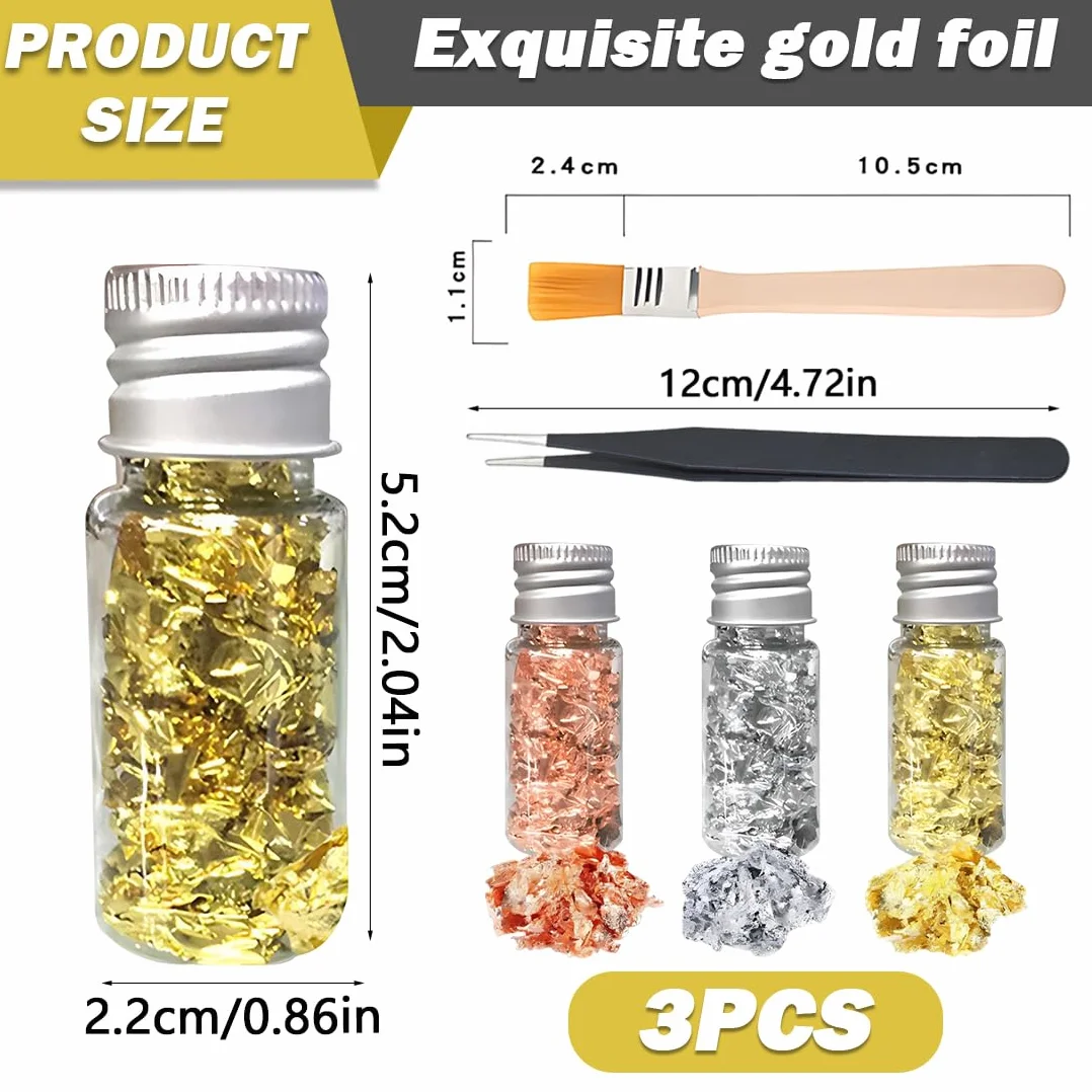 Foglia d'Oro per Doratura, Schegge di Foglia d'Oro, 3 Bottiglie, Pellicola Decorativa Multifunzionale