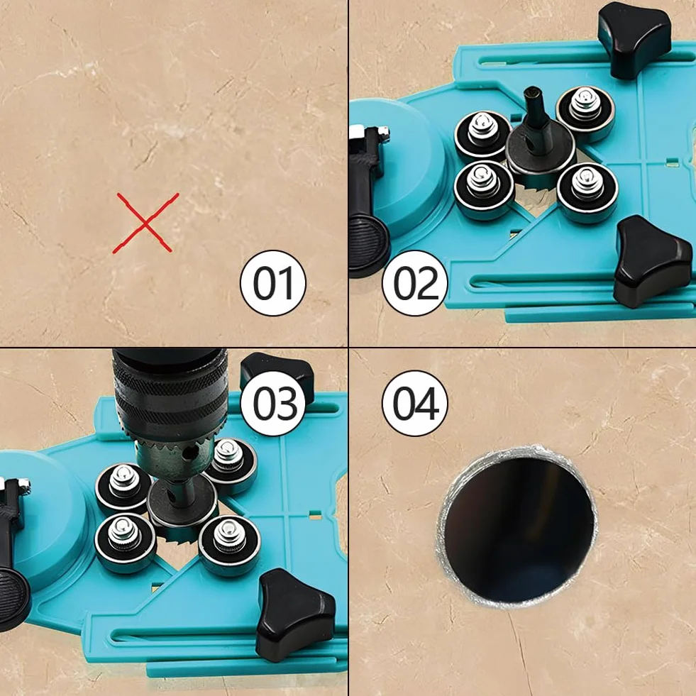 Localizzatore di Fori per Piastrelle Vetro, Guida Trapano Punta Diamantata Guide Ventose a Nucleo Cavo Sega Punte Ceramica Tazza Regolabile 4 mm a 80 mm Base Ventosa Marmo Ceramico Perforazione Seghe