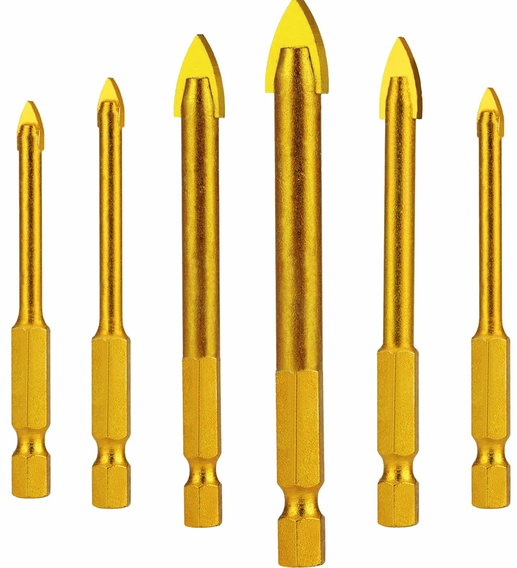 Punta Vetro HTBAKOI Punte Trapano per Bucare Vetro Ceramica Piastrelle Cristallo in Acciaio di Tungsteno con Codolo Esagonale Rivestimento in Titanio Set di 6 Pezzi 3mm 4mm 5mm 6mm 8mm 10mm