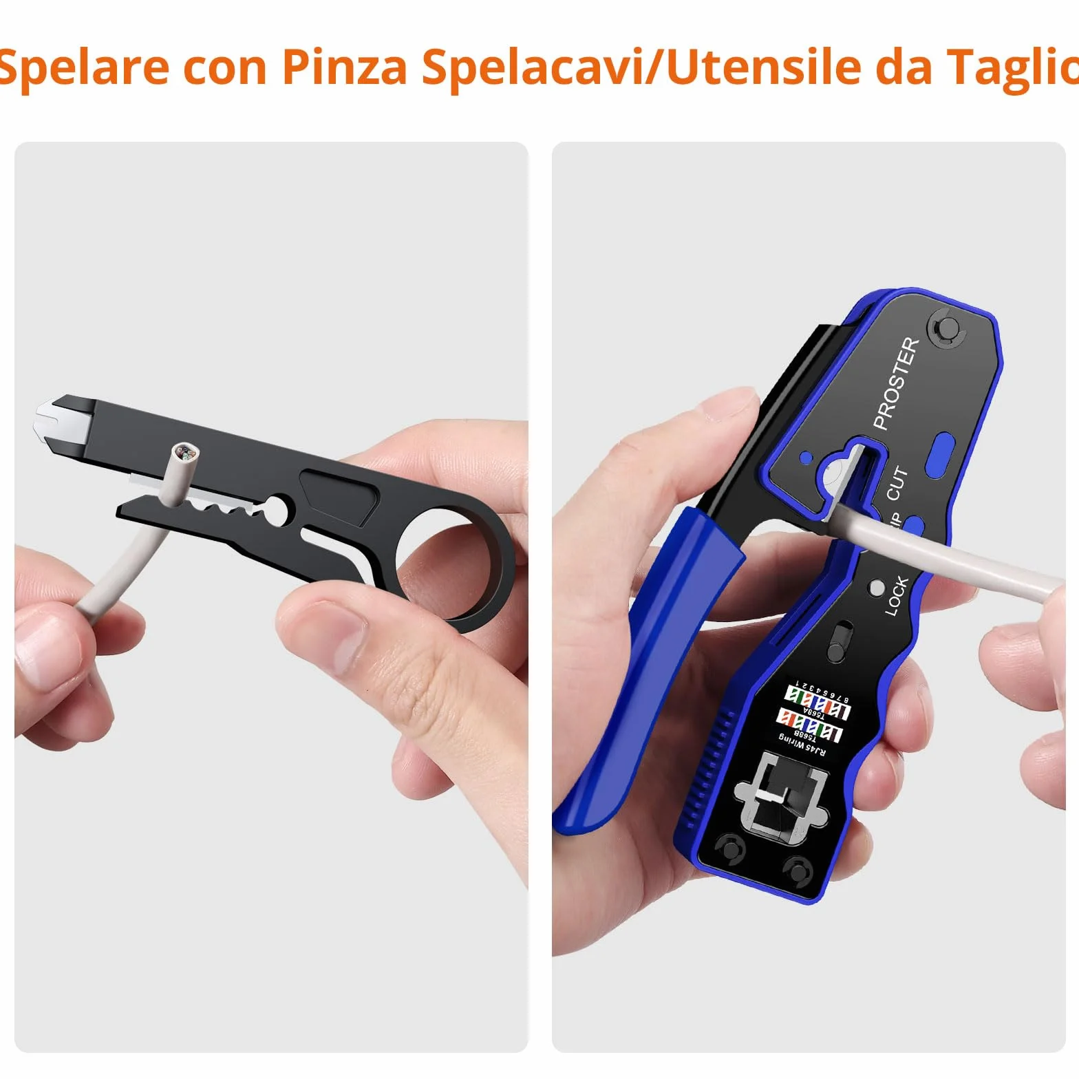 Proster Pinza Crimpatrice RJ45 Professionale Pass Through Multifunzione Spelafili per Cavo Rete per Connettori Strumento Crimpatura per RJ45 CAT5 CAT6/CAT6A RJ45 Kit Crimper Ethernet