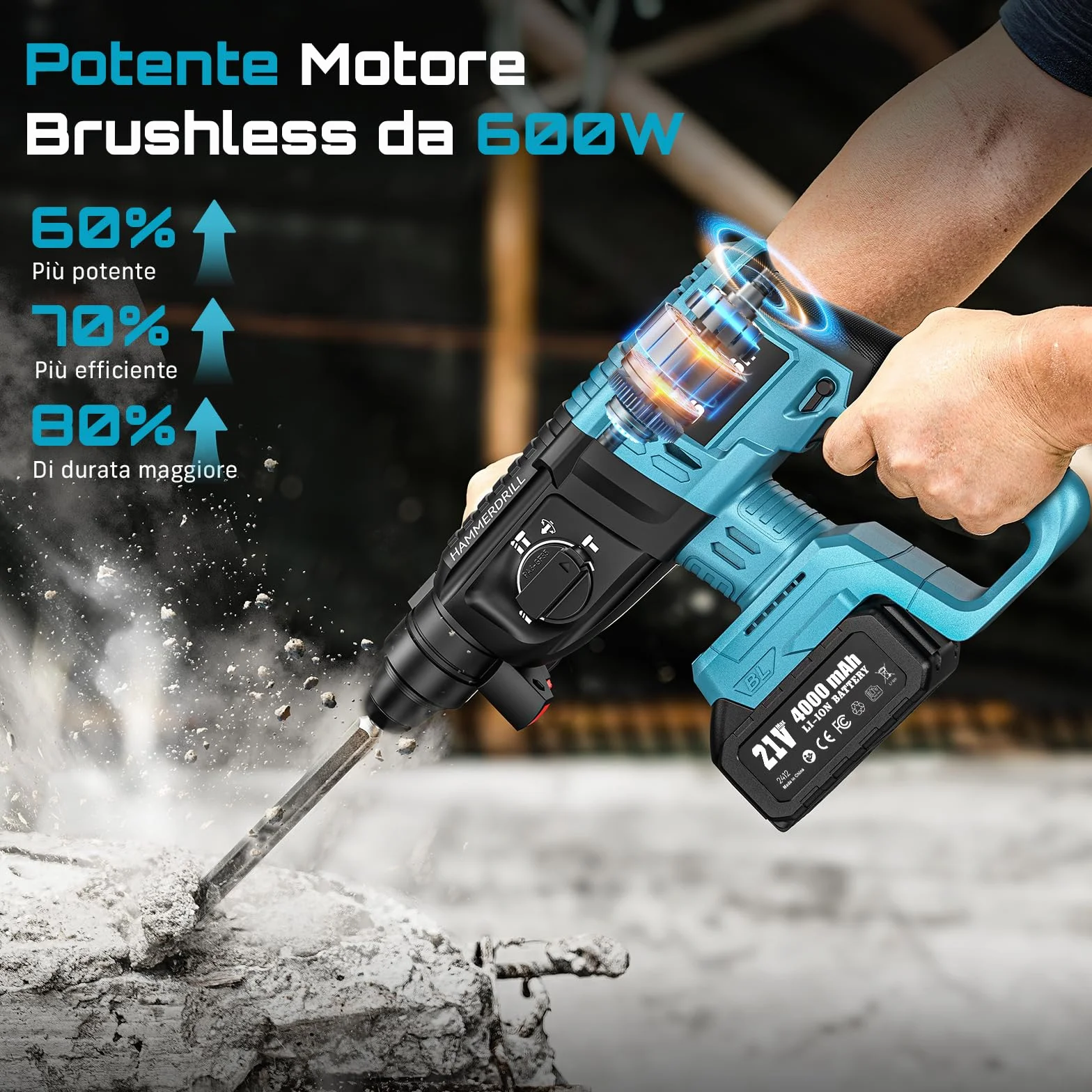 SEESII Tassellatore a Batteria: 600W, Energia d’Impatto 2.5J, con 2 Batterie e Caricatore, Trapano a Percussione Batteria, Martello Perforatore Ideale per Fai-da-te e Lavori Edili