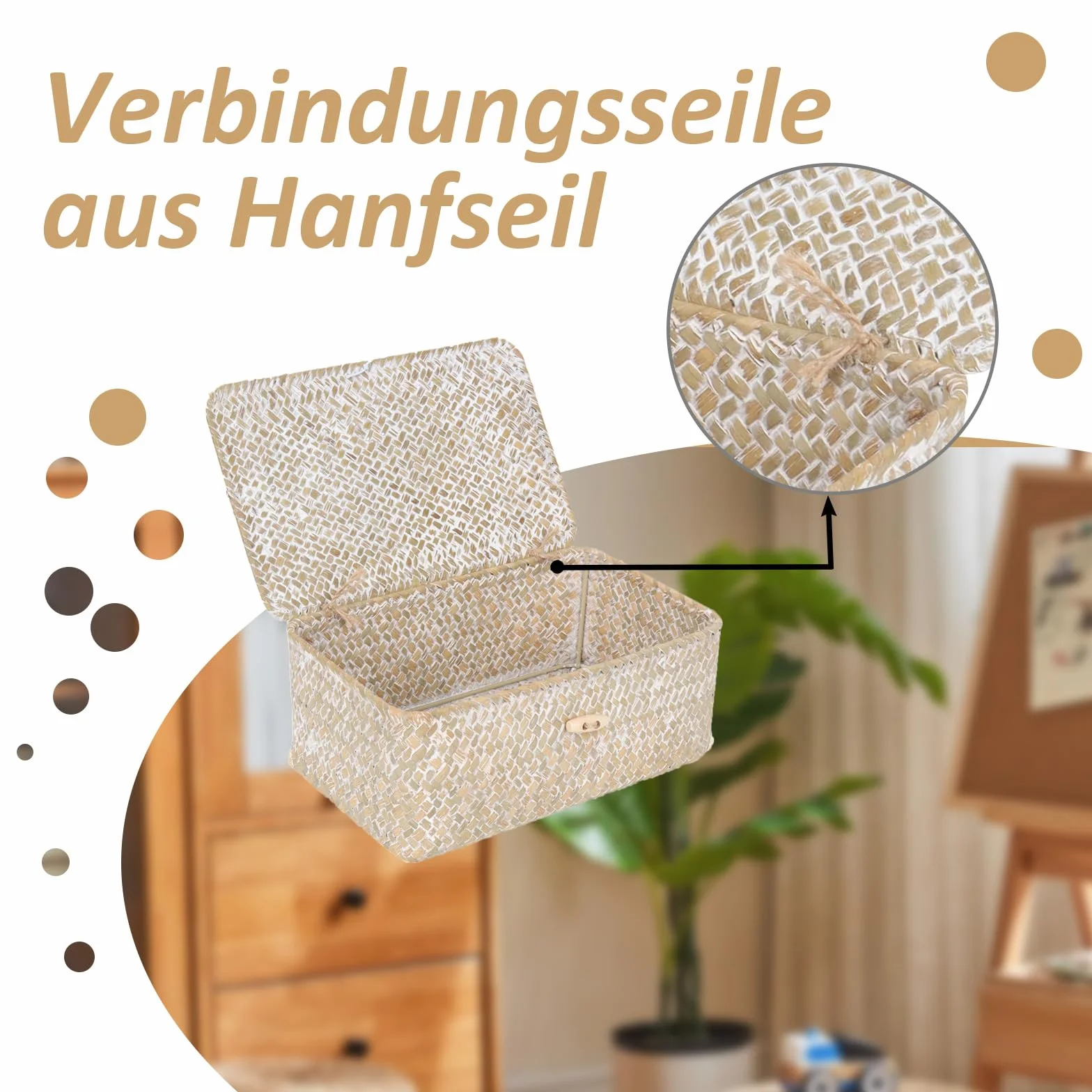 Cesto Portaoggetti in Rattan Intrecciato Rettangolare con Coperchio, Organizer Multifunzionale per Trucchi e Abbigliamento (M, Bianco)