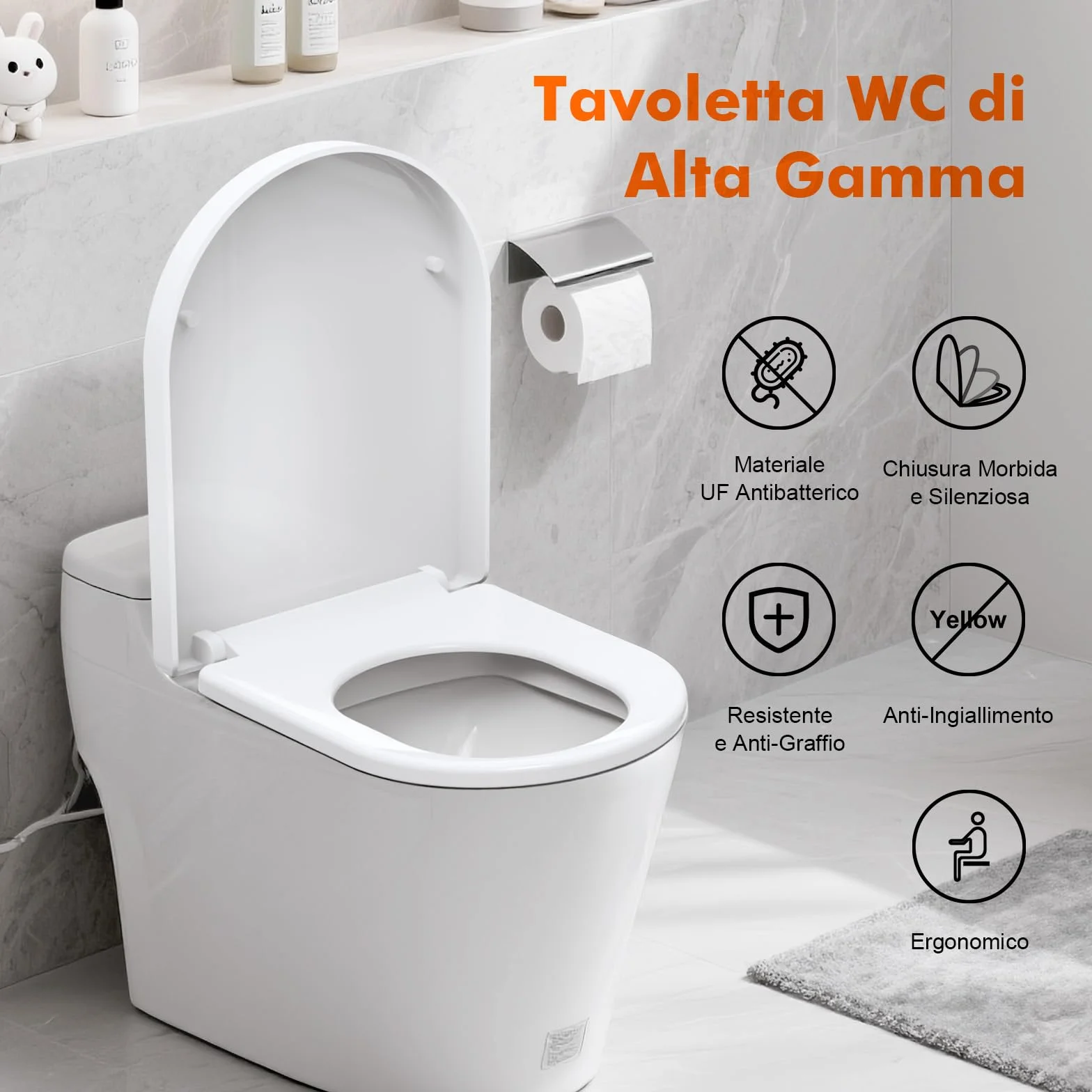 Ibergrif M41001 Sedile WC, Copriwater Universali D Forma, Tavoletta WC con Chiusura Ammortizzata Soft-Close, Sgancio Rapido, Plastica Antibatterico Facile da Pulire, Bianco