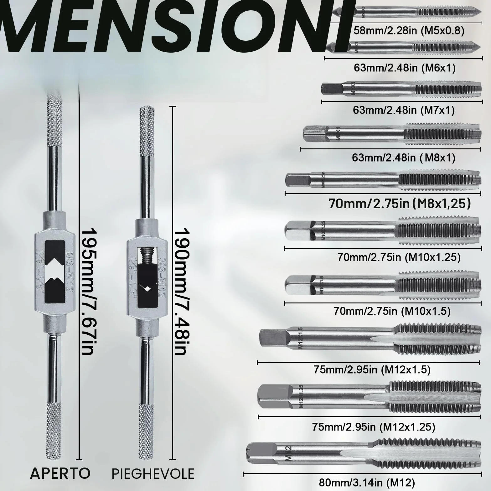 Maschi per Filettatura Set M5 M6 M7 M8 M10 M12 Punte Trapano Professionali Filettatrice Manuale Kit Filiera per Filettatura Professionale 11 Pezzi Filiere Giramaschi a Cricchetto M3-M12