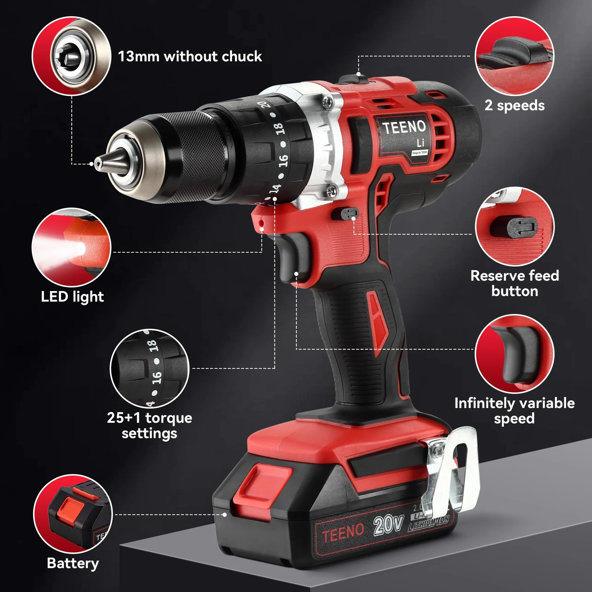 TEENO Kit 2-in-1 Trapano Percussore 45Nm Avvitatore a Impulsi 20V con Cassetta, 2 Batterie 2.0Ah, Caricabatterie Rapido, 25 Accessori