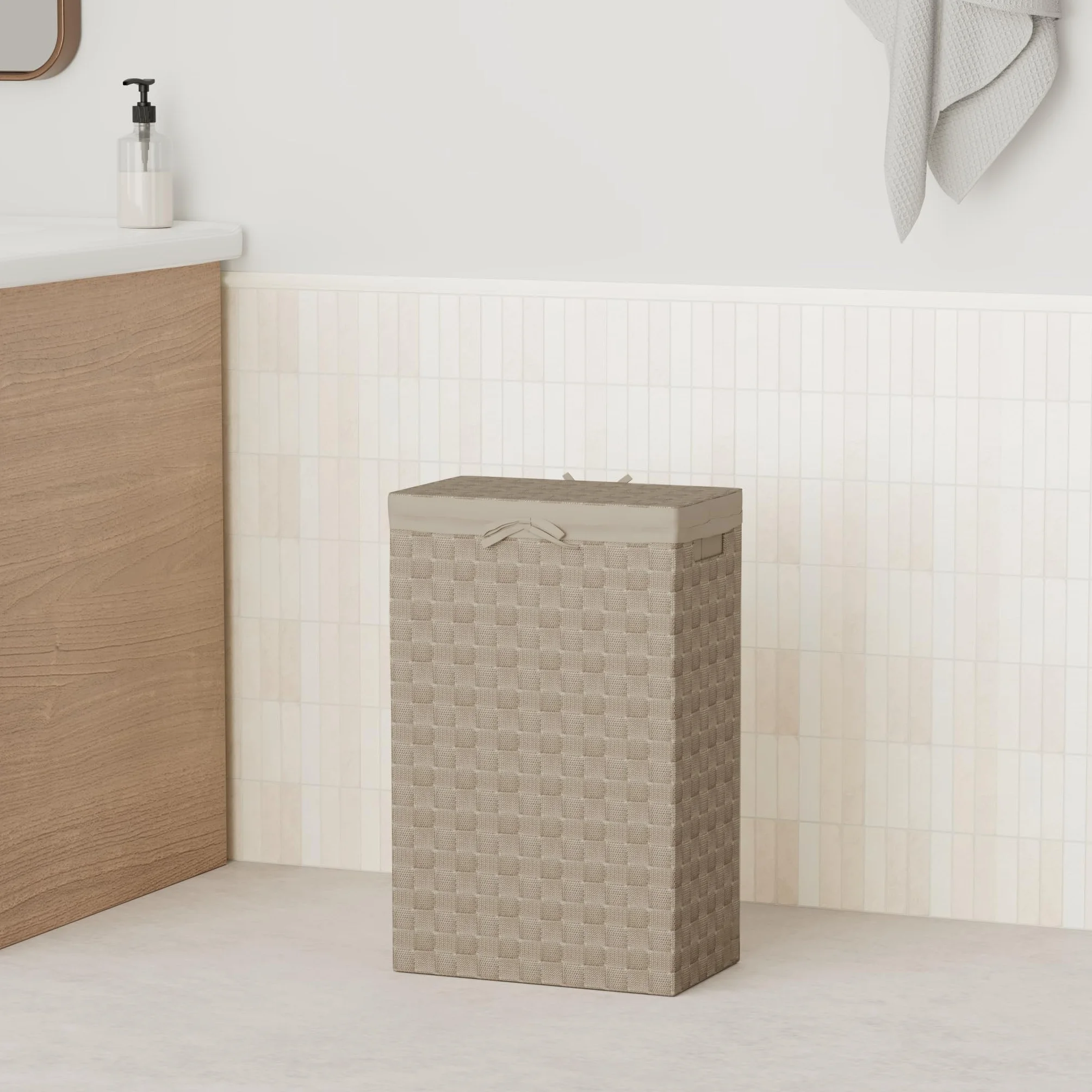 Compactor Tex Cesto Portabiancheria Quadrato con Coperchio, Talpa, Tessuto con Struttura in Metallo, Fodera in Lino Rimovibile, 38 x 25 x 60H cm, RAN6895