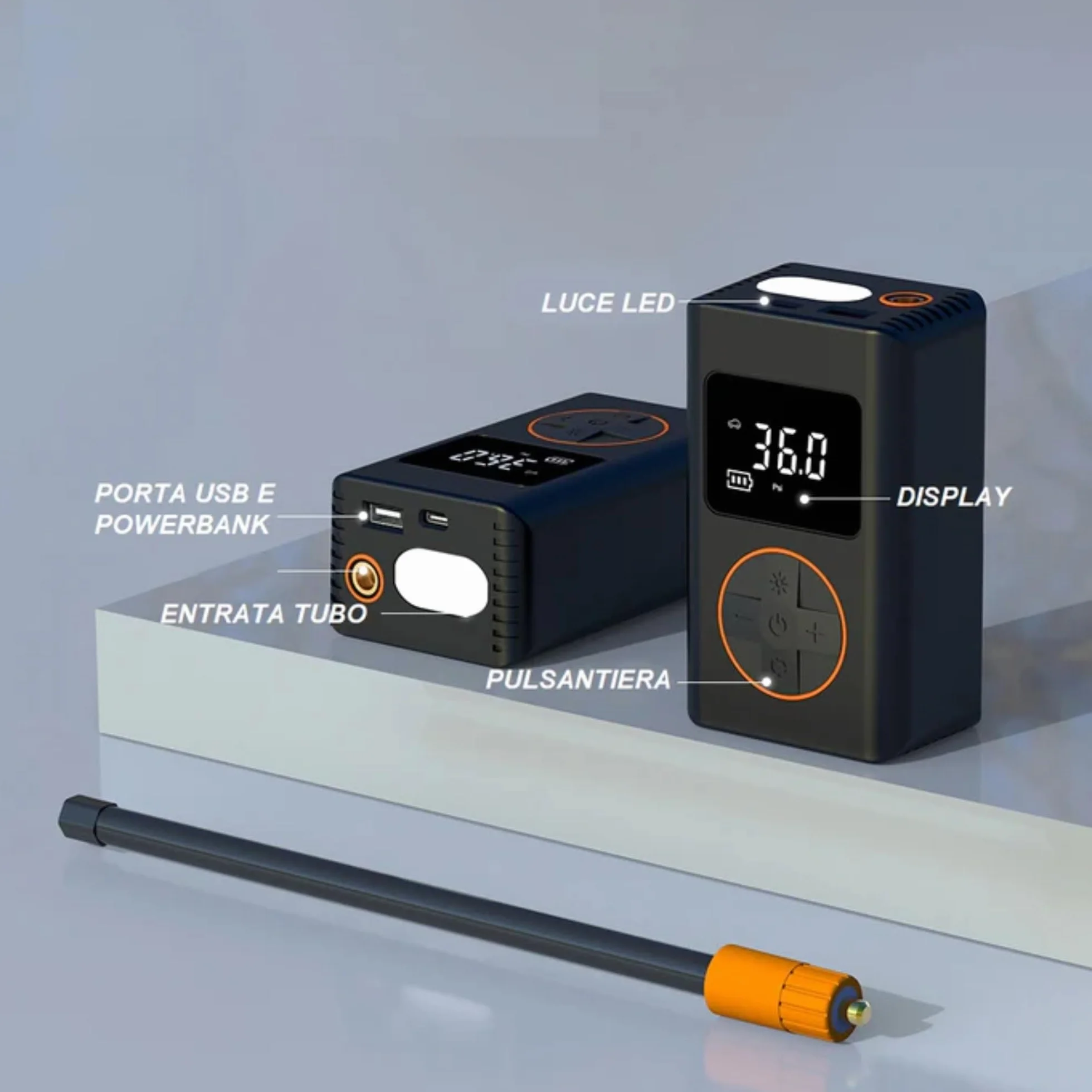 KOMBO - Compressore Aria Portatile Cordless 8V – Gonfiatore Gomme Auto Digitale 130 PSI con Auto-Stop, USB-C e 4 Adattatori, Mini Compressore Ricaricabile