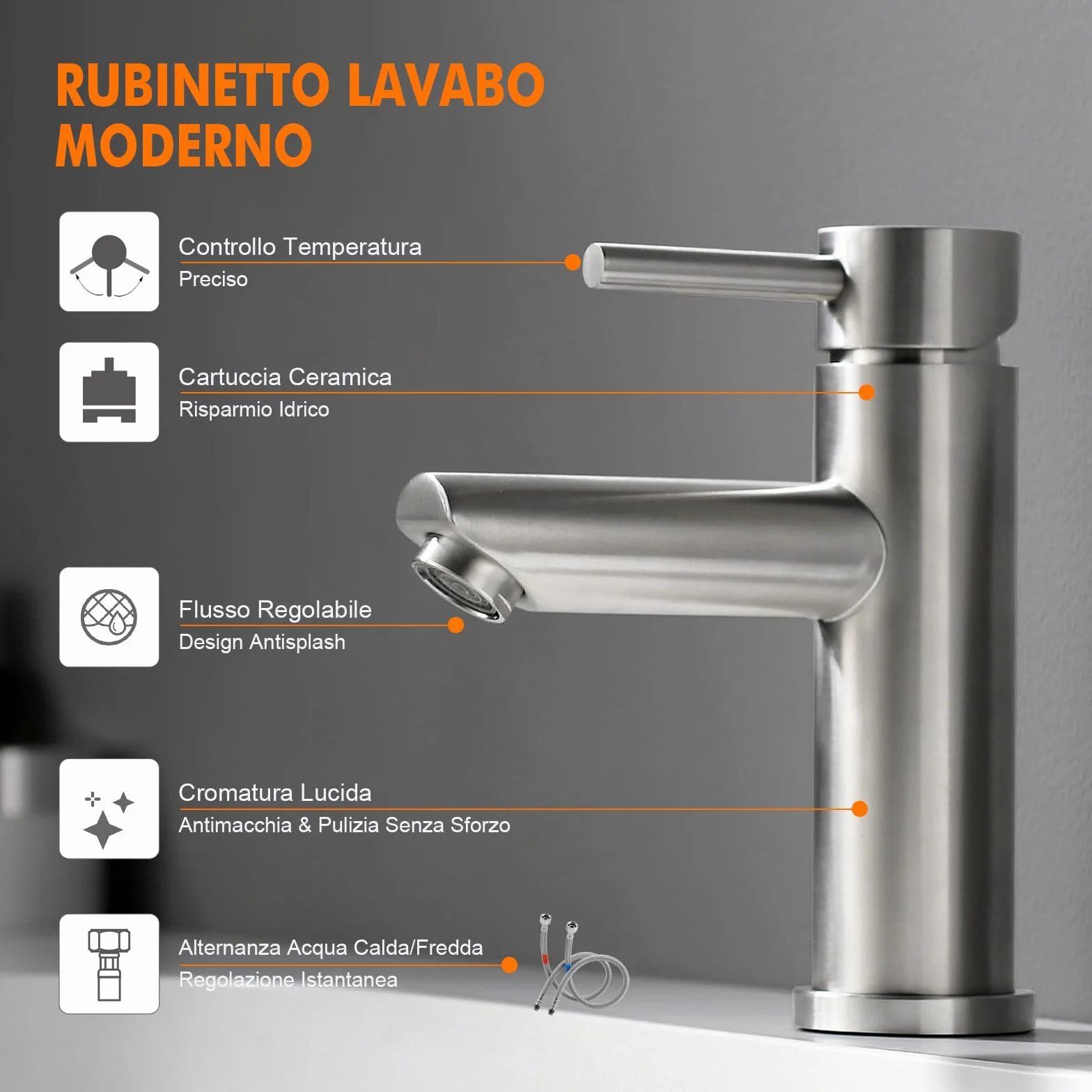 Ibergrif Rubinetto Bagno Lavabo Monocomando, Design Moderno in Acciaio Inox Antimpronta Grigio, Facile Installazione, M11103