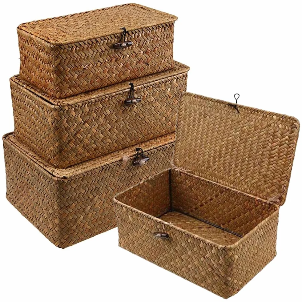 Cesto in rattan con coperchio, 3 pezzi Cesto portaoggetti in giunco marino naturale, Cesto portaoggetti multifunzionale, Cesto per scaffale intrecciato (B)