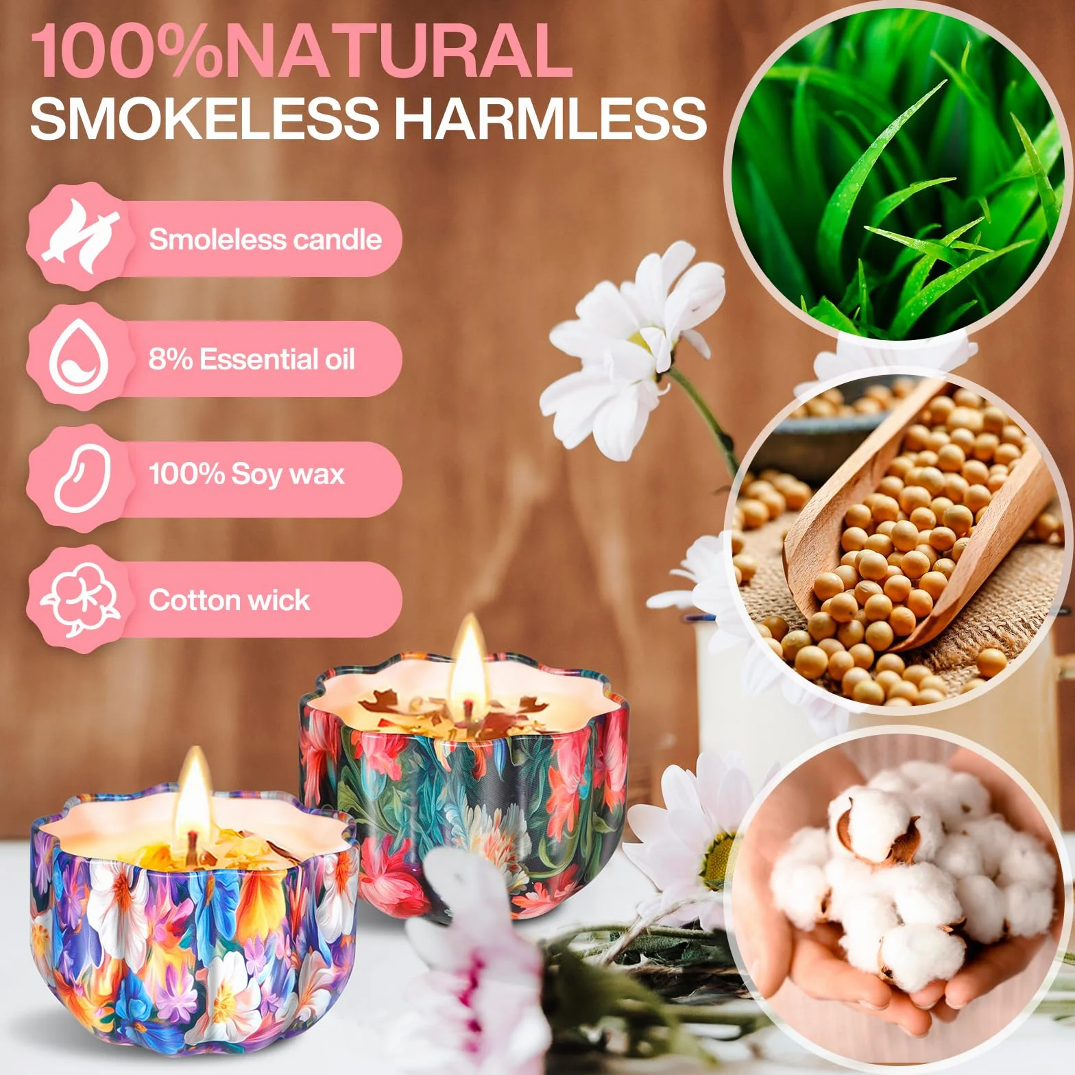 TEWWCEO Kit per Fabbricazione Candele, Set Regalo DIY con Cera d'api da 480g, 8 Vaso a Forma di Fior - per Principianti