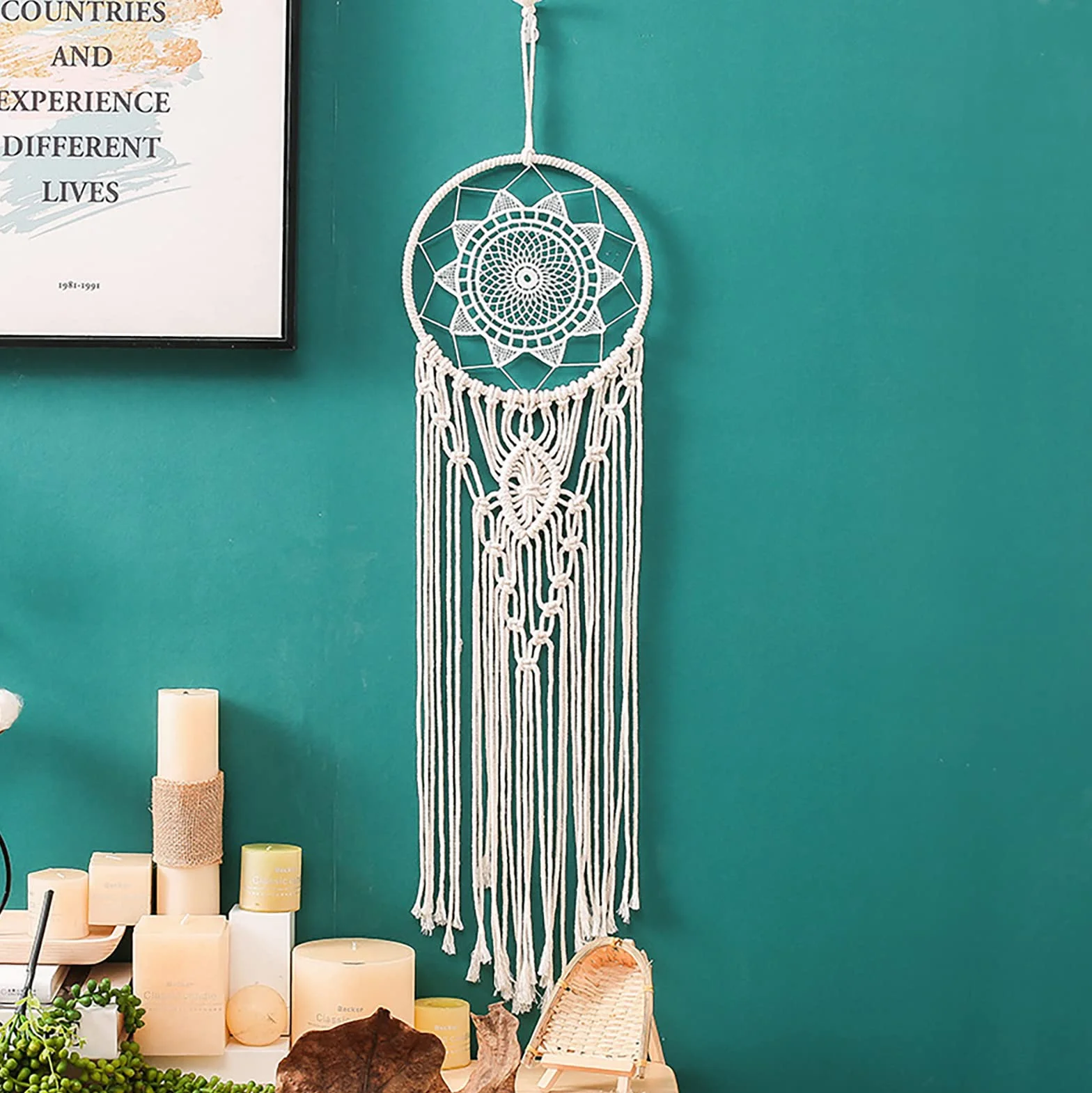Acchiappasogni Macrame Tessuto Appeso a Parete Bohémien Wall Decor fatto a Mano Grande Dream Catcher Ornamento Regalo Artigianale
