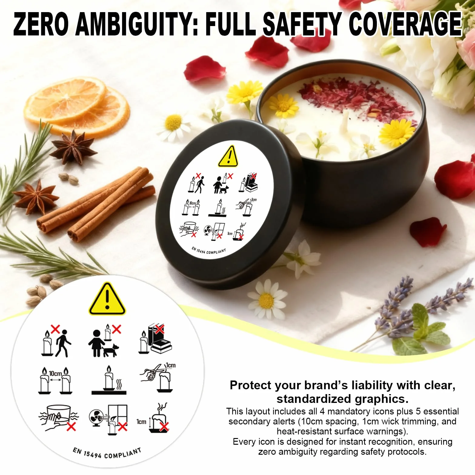 300 Pezzi Adesivi di Avvertenza per Candele (38mm) | Icone di Sicurezza Standardizzate EN 15494 | Etichette Professionali non Verbali per Produttori di Candele | PET Resistente al Calore