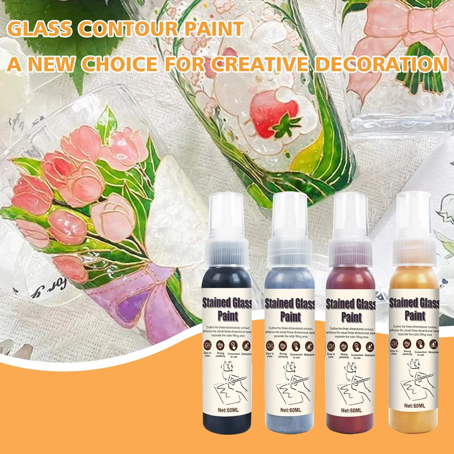 Allony Window Color per Contorni Vetrate, Vernice Glass Line, 4 Colori Vernice per Vetro, per Superfici Lisce Come Vetro, Piastrelle a Specchio - 4*60ML