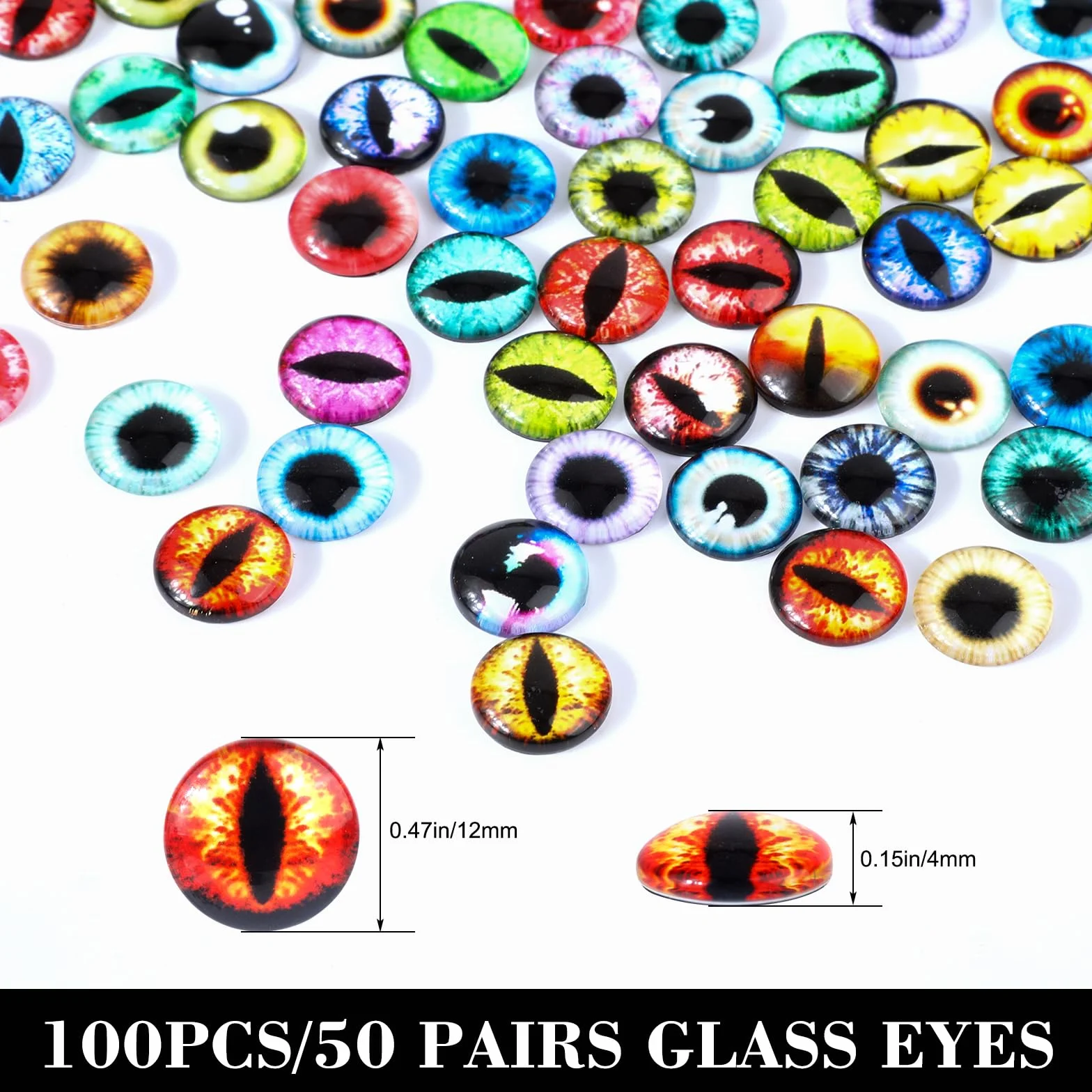 MWOOT 100 Pezzi 12MM Colorate Occhi di Vetro con Scatola, Glass Eyes per Gatto Uccelli Drago, Occhi per Pupazzi Sculture Argilla Polimerica, Creazione Bambole Gioielli, Decorate per Natale Halloween
