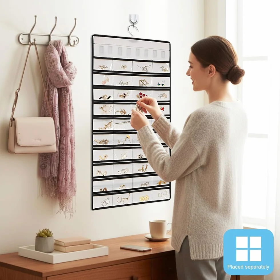 Hanging Jewelry Organizer 48 Scomparti Porta Gioielli da Appendere Armadio 43x78 cm Bianco