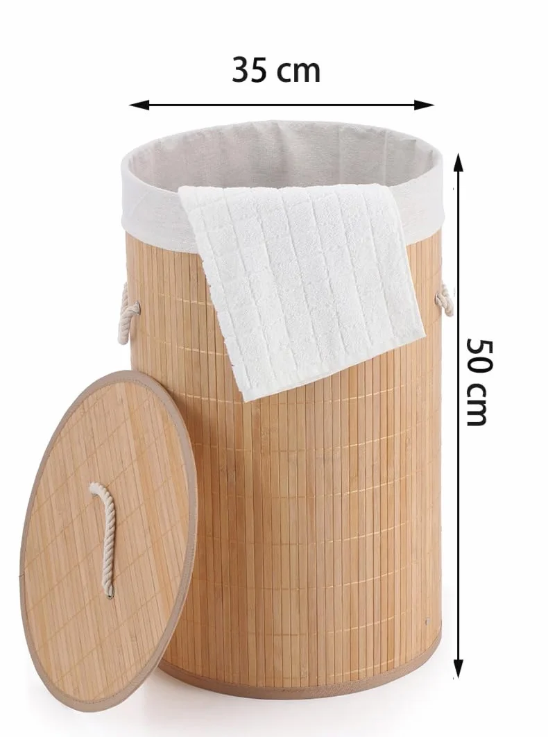 BM Cesto Portabiancheria in Bambù con Coperchio e Sacco Interno Rimovibile – Cesto per Biancheria Sporca Rotondo Ø35x50 cm, Salvaspazio, Stile Naturale per Bagno, Camera da Letto e Lavanderia