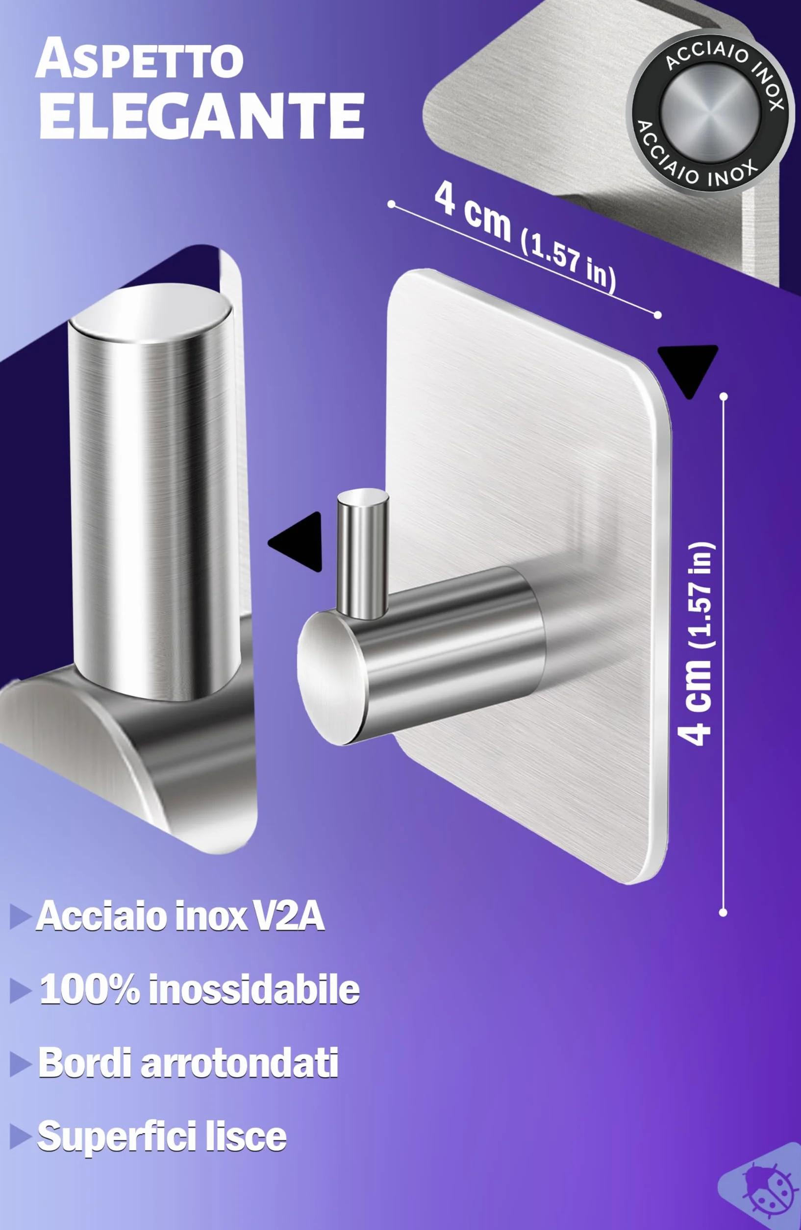 Menz Ganci Adesivi Bagno Set di 4 Acciaio Inox Impermeabili Argento