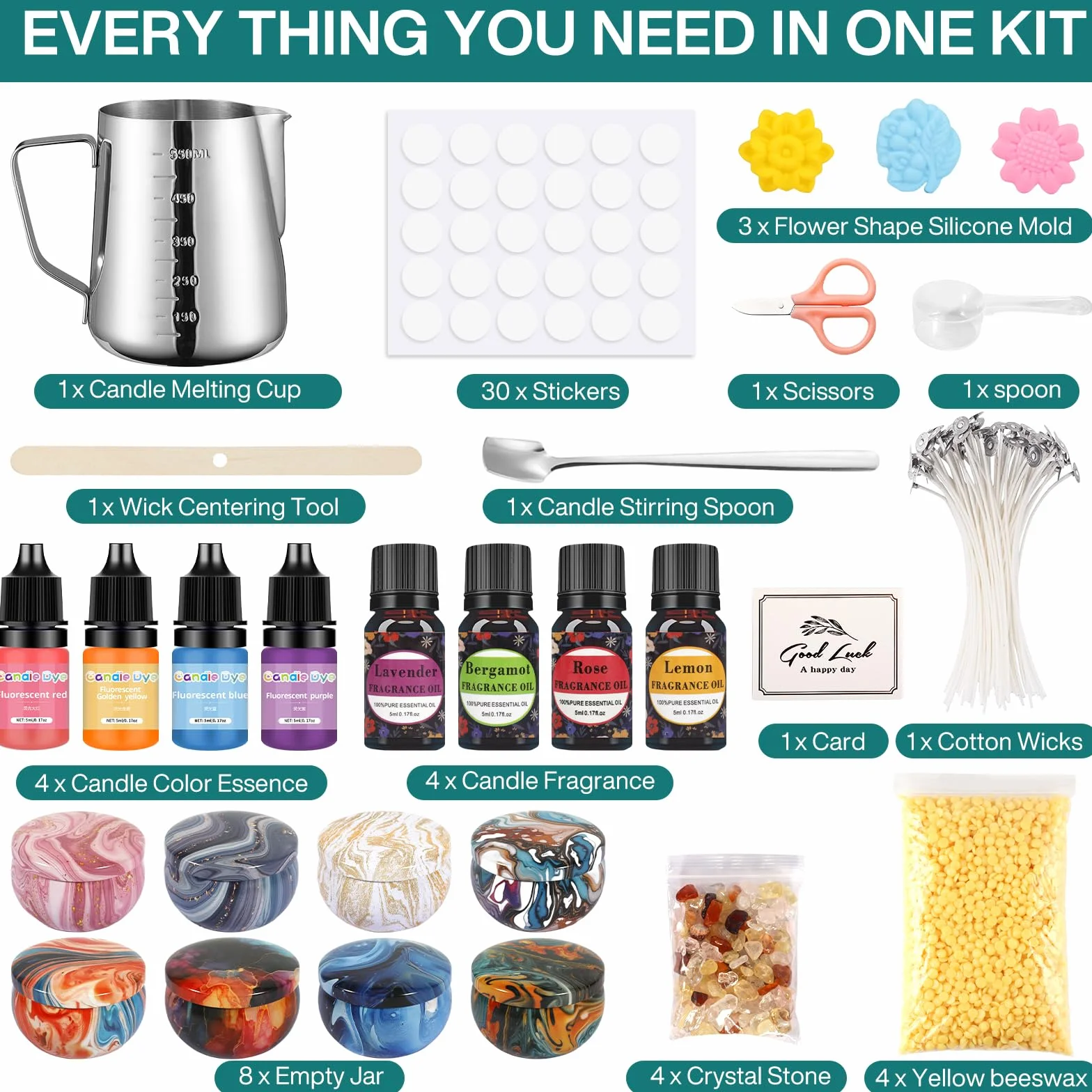 BGIUSQF Kit Candele Fai Da Te, Set per Realizzare Candele Include 8 Barattoli, 4 Confezioni di Cera D'api, Crogiolo, 30 Stoppini